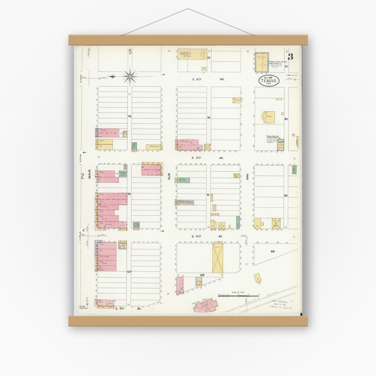 Old map wall art mockup — magnetic wood frame on white wall — Sanborn Fire Insurance Map from Teague, Freestone County, Texas (1908), Sheet #0003