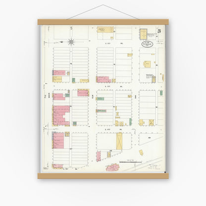 Old map wall art mockup — magnetic wood frame on white wall — Sanborn Fire Insurance Map from Teague, Freestone County, Texas (1908), Sheet #0003