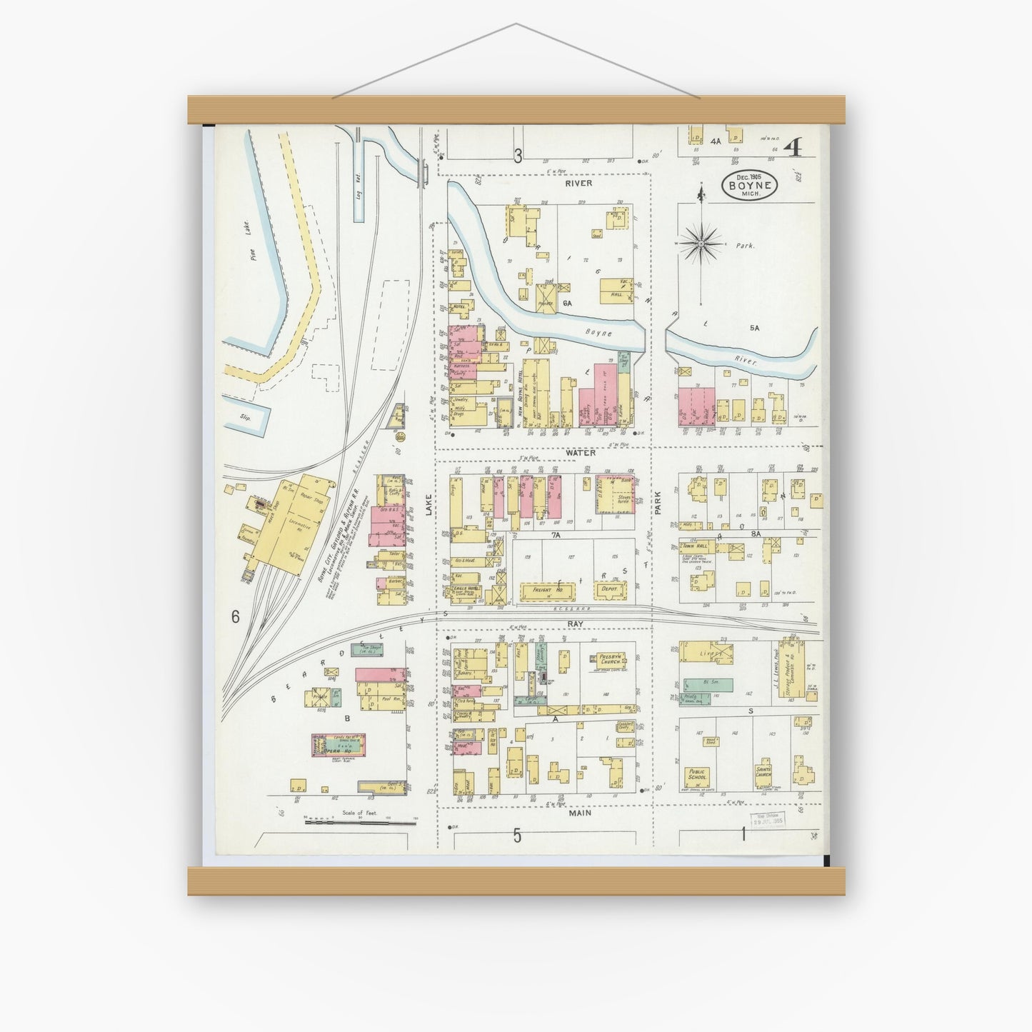 Old map wall art mockup — magnetic wood frame on white wall — Sanborn Fire Insurance Map from Boyne City, Charlevoix County, Michigan (1905), Sheet #0004