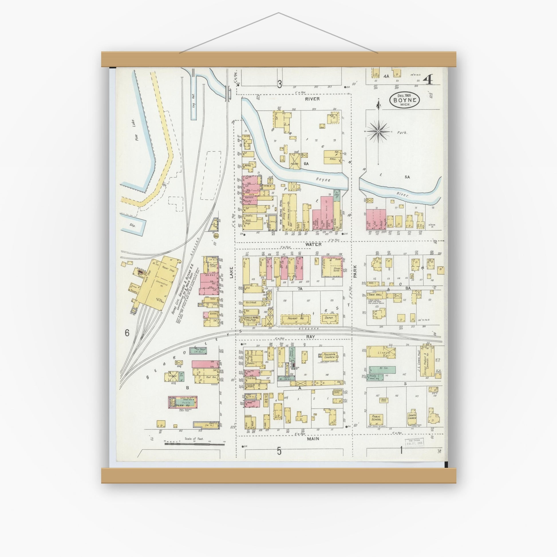 Old map wall art mockup — magnetic wood frame on white wall — Sanborn Fire Insurance Map from Boyne City, Charlevoix County, Michigan (1905), Sheet #0004