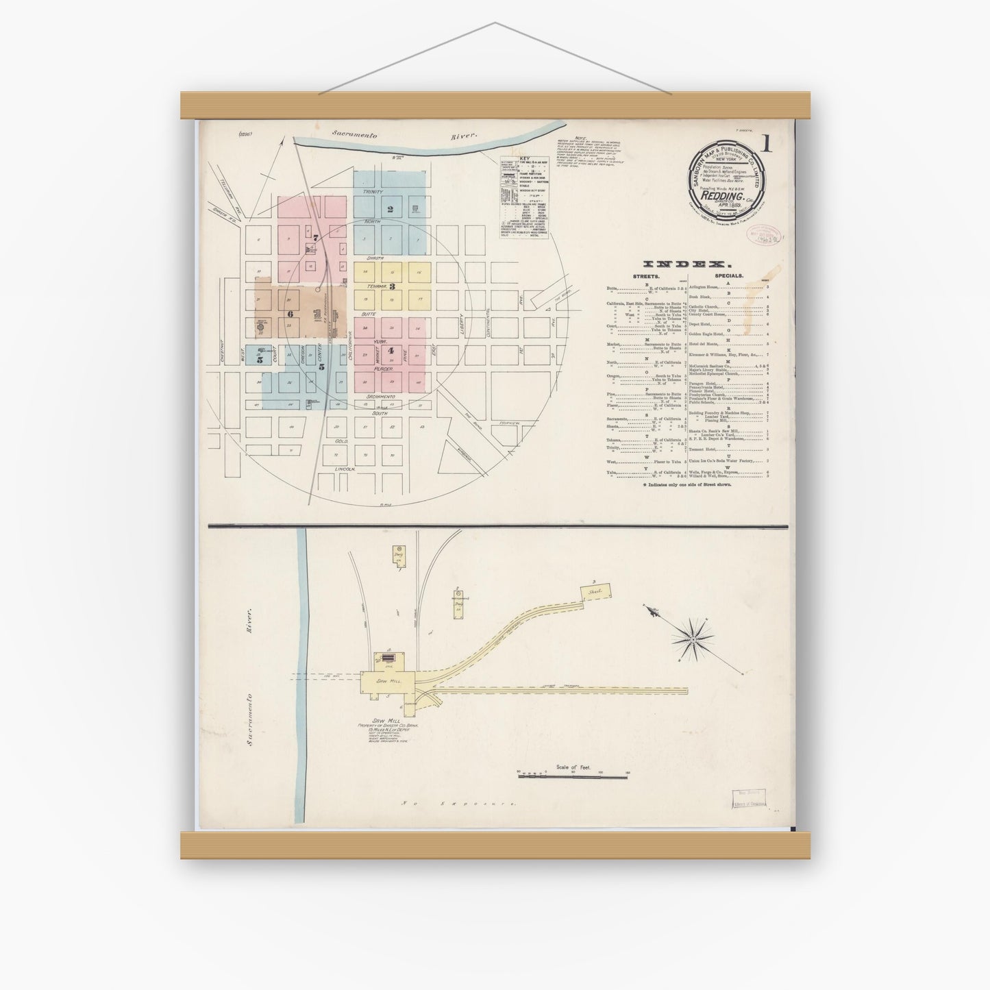 Old map wall art mockup — magnetic wood frame on white wall — Sanborn Fire Insurance Map from Redding, Shasta County, California (1889) - Complete Map Set