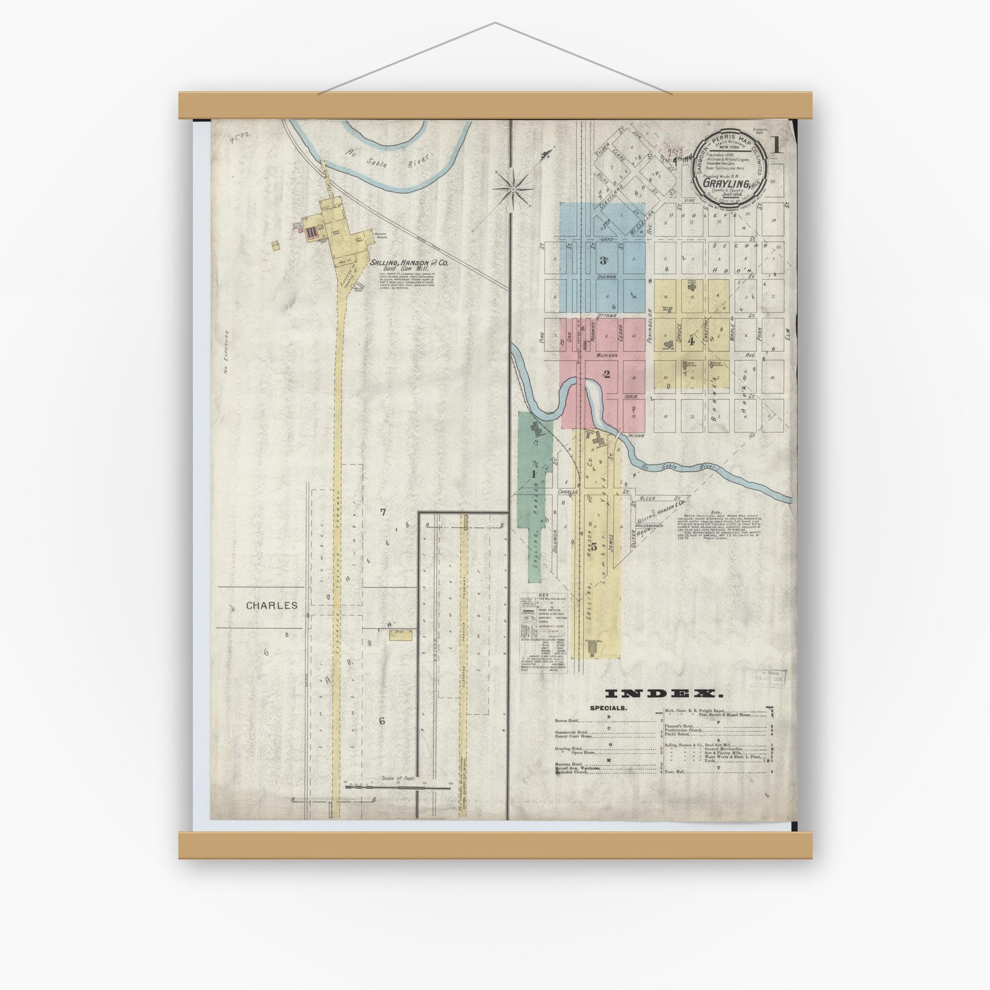 Old map wall art mockup — magnetic wood frame on white wall — Sanborn Fire Insurance Map from Grayling, Crawford County, Michigan (1894) - Complete Map Set