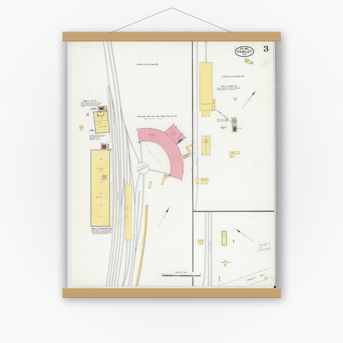 Old map wall art mockup — magnetic wood frame on white wall — Sanborn Fire Insurance Map from Hamlet, Richmond County, North Carolina (1905), Sheet #0003
