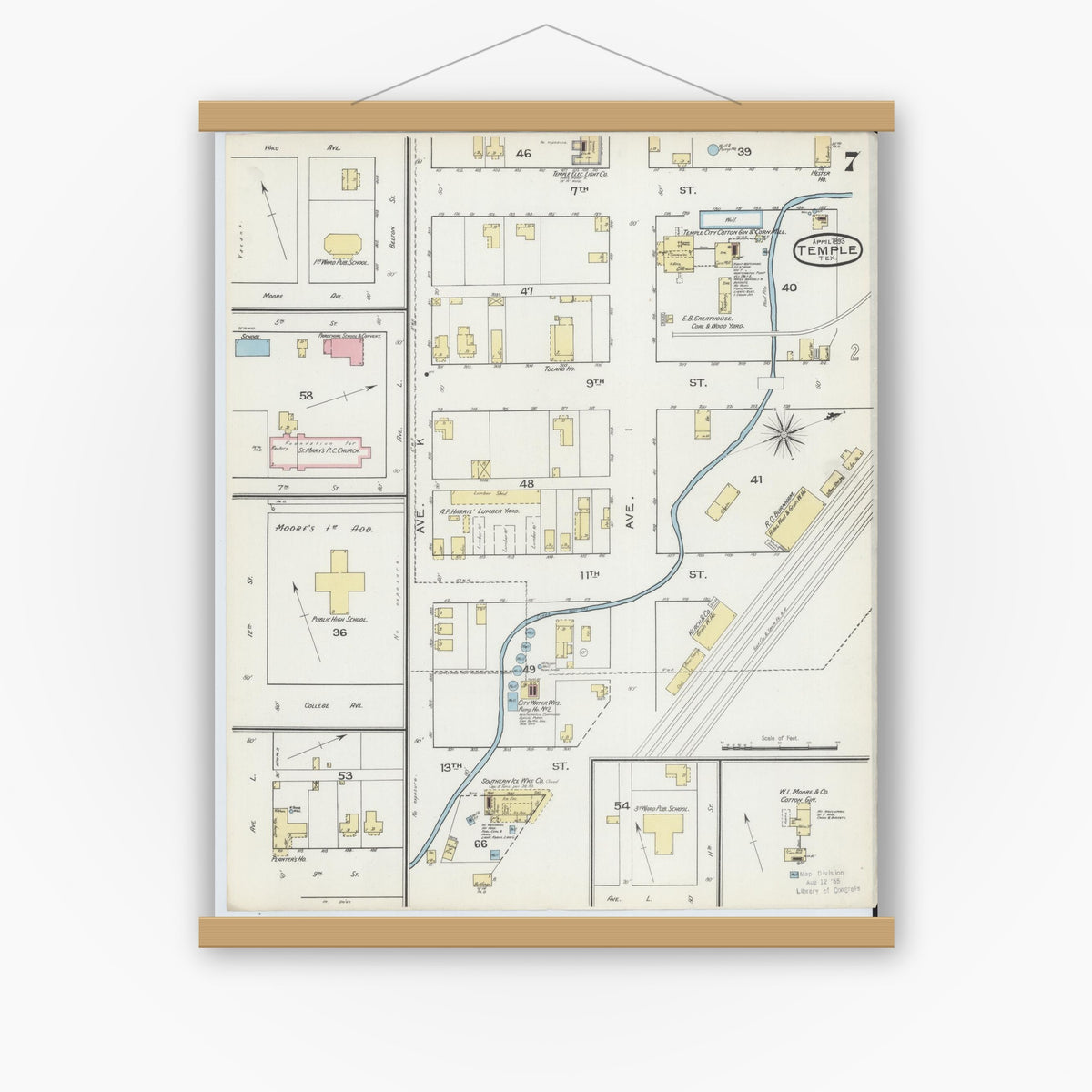 Old map wall art mockup — magnetic wood frame on white wall — Sanborn Fire Insurance Map from Temple, Bell County, Texas (1893), Sheet #0007