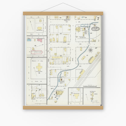 Old map wall art mockup — magnetic wood frame on white wall — Sanborn Fire Insurance Map from Temple, Bell County, Texas (1893), Sheet #0007
