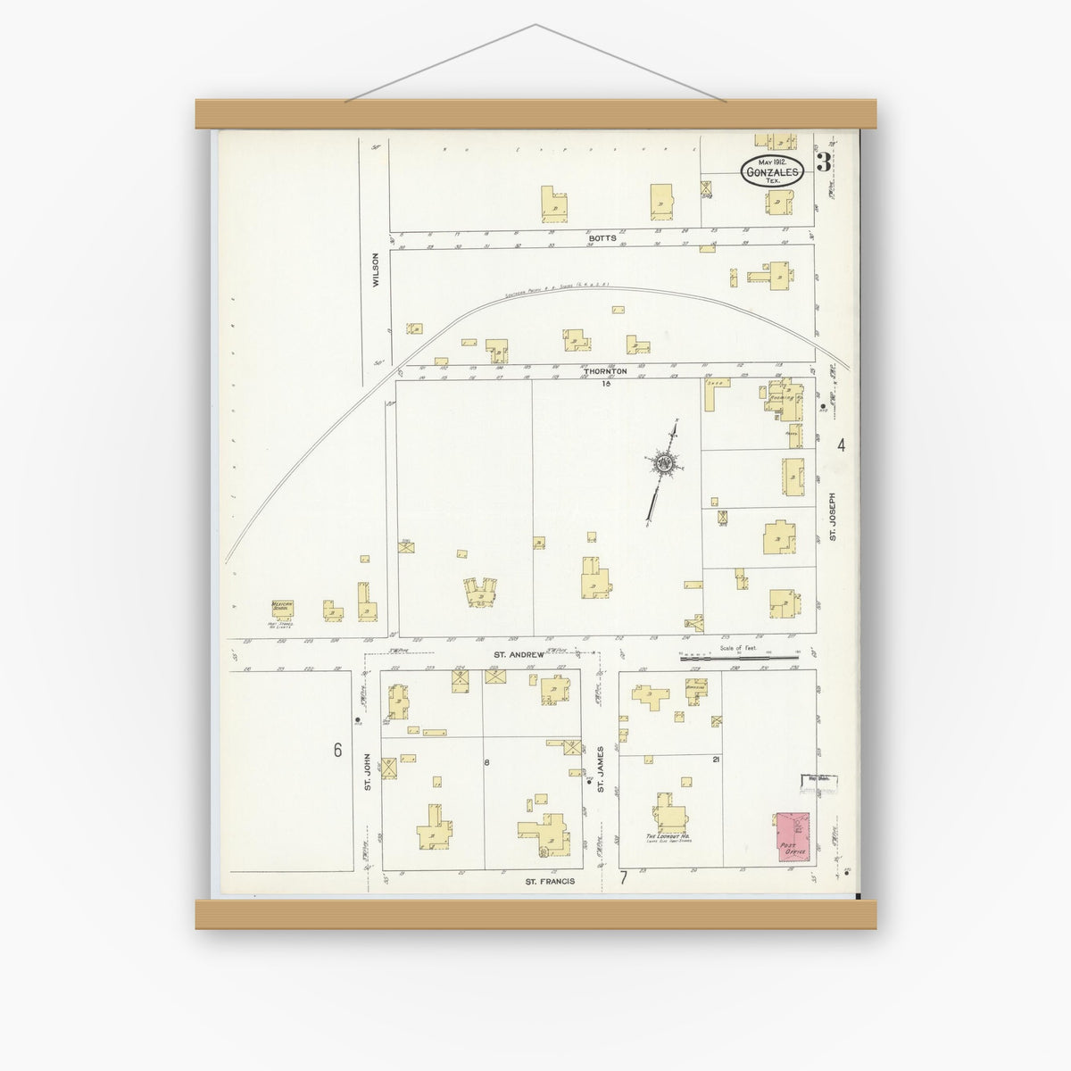 Old map wall art mockup — magnetic wood frame on white wall — Sanborn Fire Insurance Map from Gonzales, Gonzales County, Texas (1912), Sheet #0003