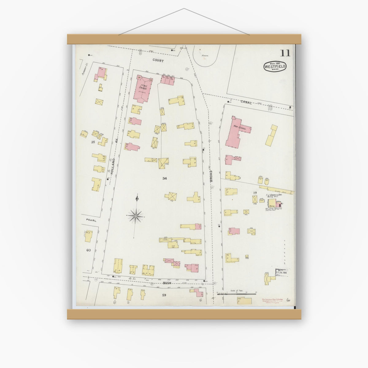 Old map wall art mockup — magnetic wood frame on white wall — Sanborn Fire Insurance Map from Westfield, Hampden County, Massachusetts (1895), Sheet #0011