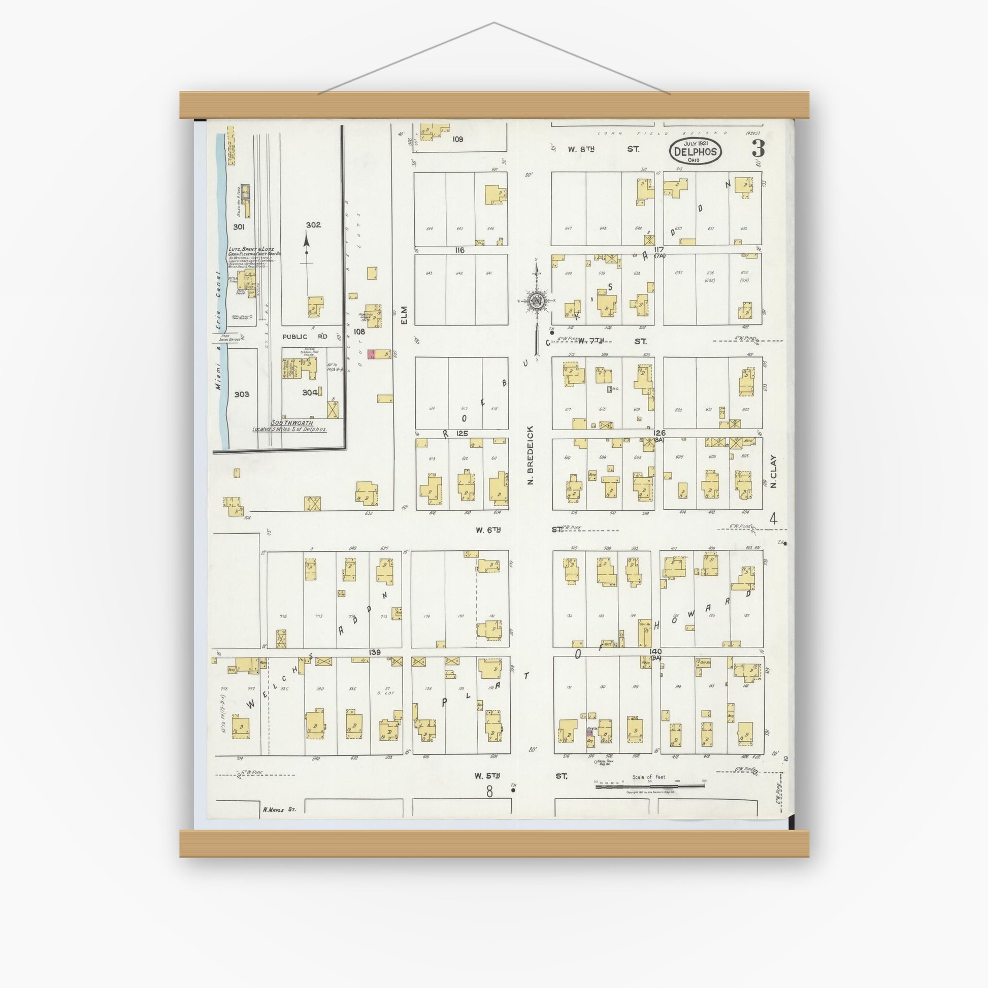 Old map wall art mockup — magnetic wood frame on white wall — Sanborn Fire Insurance Map from Delphos, Van Wert And Allen Counties, Ohio (1921), Sheet #0003