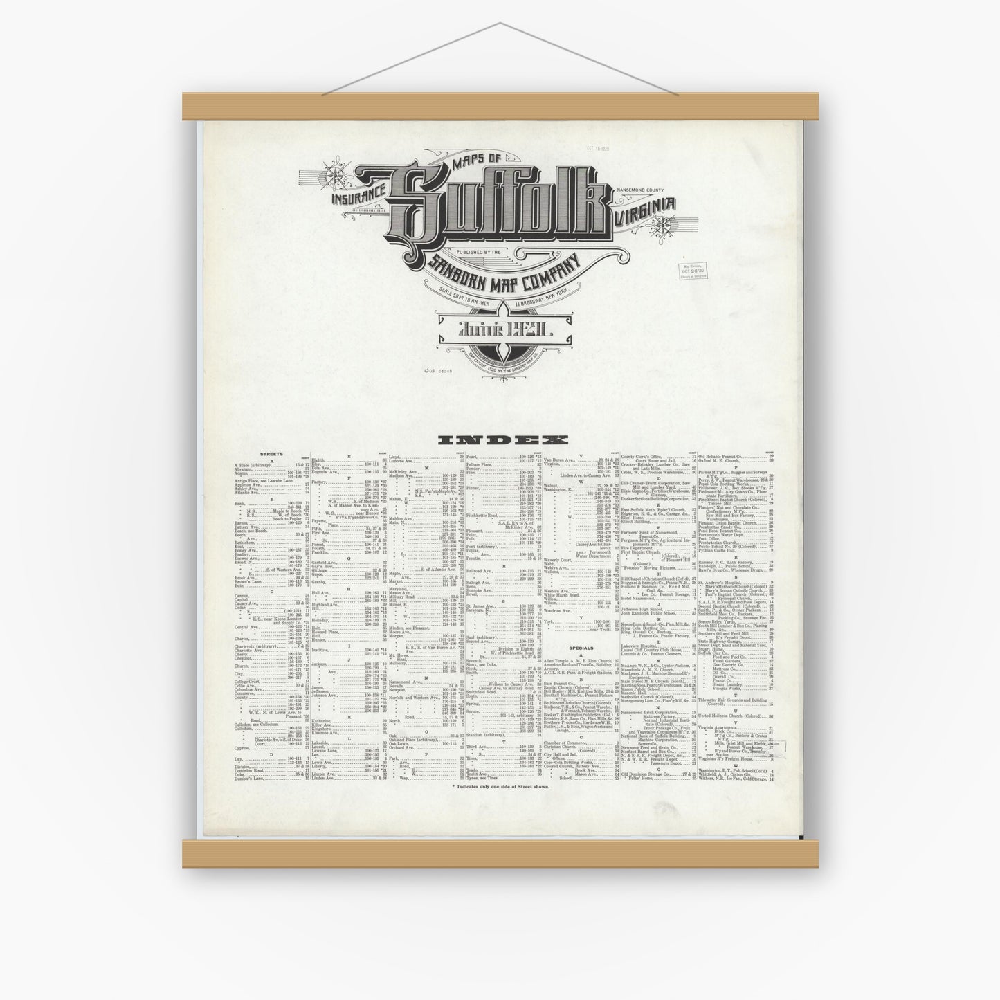 Old map wall art mockup — magnetic wood frame on white wall — Sanborn Fire Insurance Map from Suffolk, Independent Cities, Virginia (1921), Sheet #0001