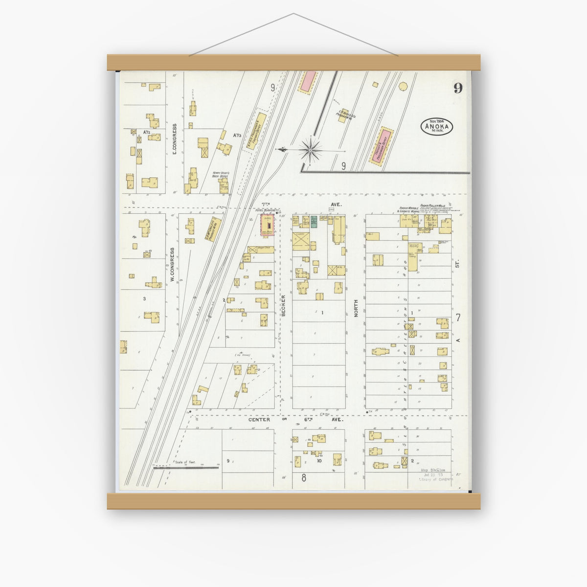 Old map wall art mockup — magnetic wood frame on white wall — Sanborn Fire Insurance Map from Anoka, Anoka County, Minnesota (1904), Sheet #0009