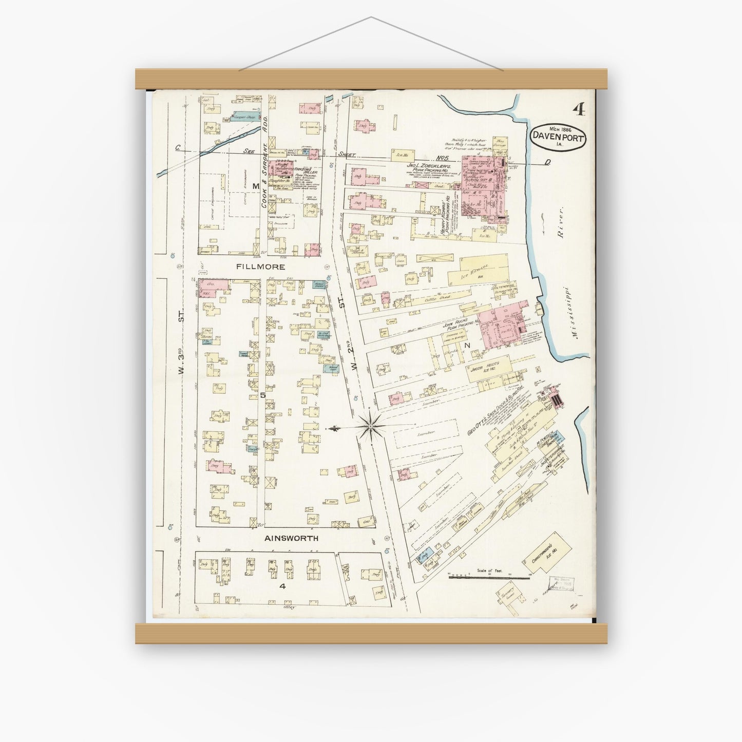 Old map wall art mockup — magnetic wood frame on white wall — Sanborn Fire Insurance Map from Davenport, Scott County, Iowa (1886), Sheet #0004