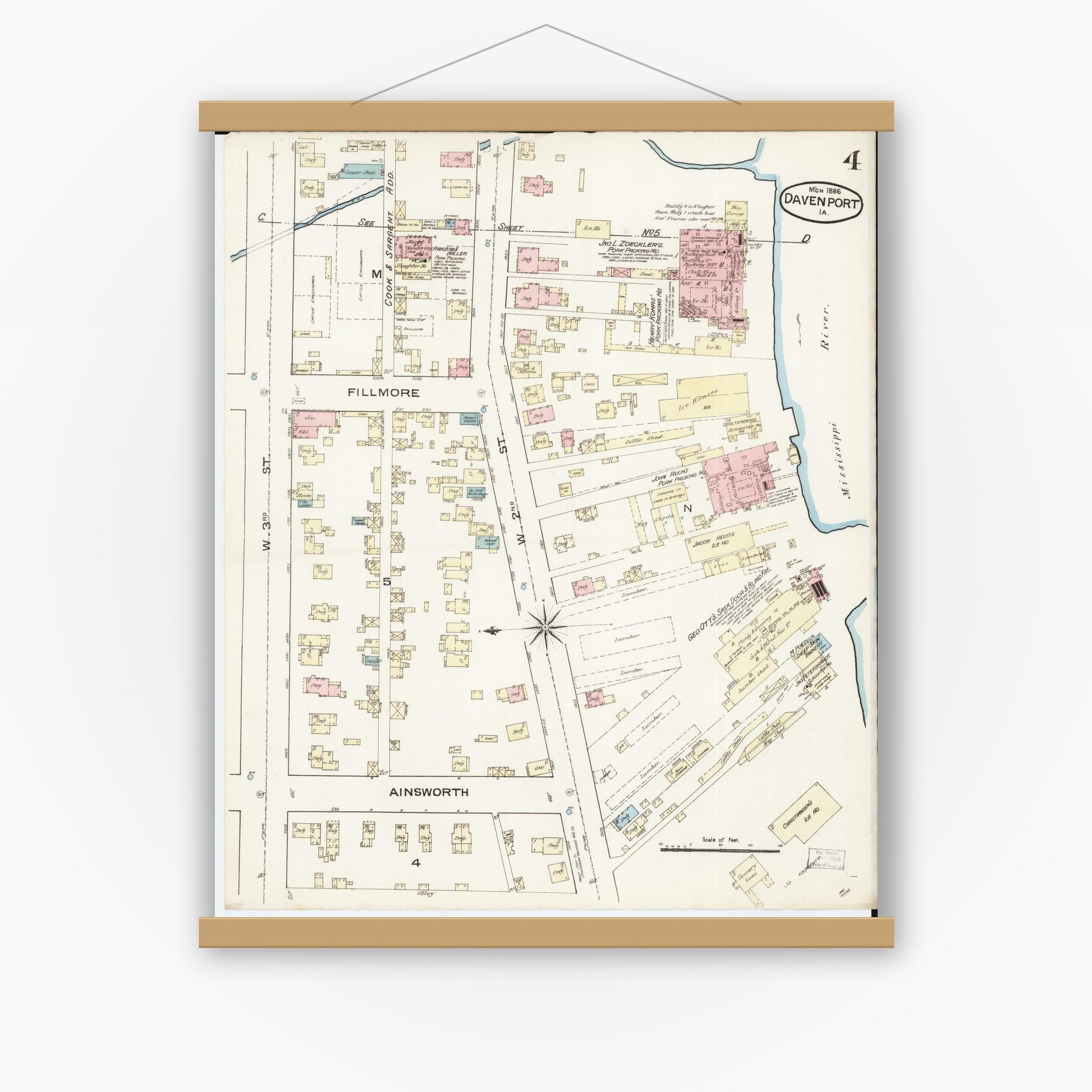 Old map wall art mockup — magnetic wood frame on white wall — Sanborn Fire Insurance Map from Davenport, Scott County, Iowa (1886), Sheet #0004