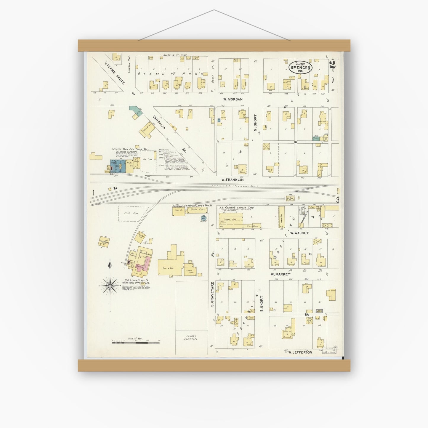 Old map wall art mockup — magnetic wood frame on white wall — Sanborn Fire Insurance Map from Spencer, Owen County, Indiana (1907), Sheet #0002