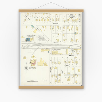 Old map wall art mockup — magnetic wood frame on white wall — Sanborn Fire Insurance Map from Spencer, Owen County, Indiana (1907), Sheet #0002