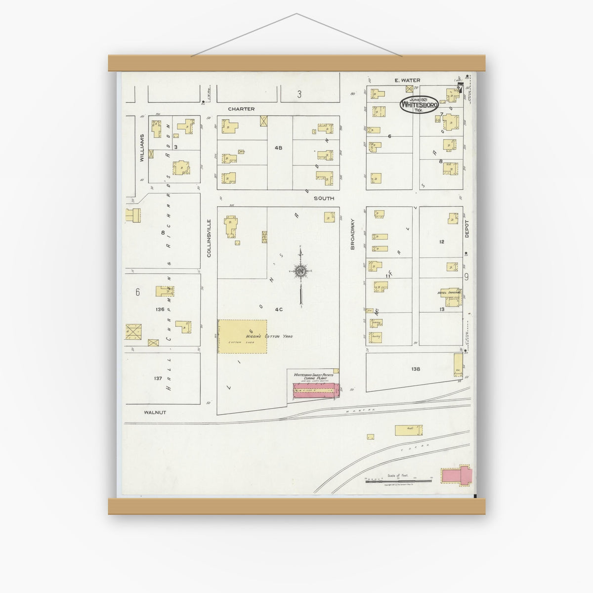 Old map wall art mockup — magnetic wood frame on white wall — Sanborn Fire Insurance Map from Whitesboro, Grayson County, Texas (1921), Sheet #0007