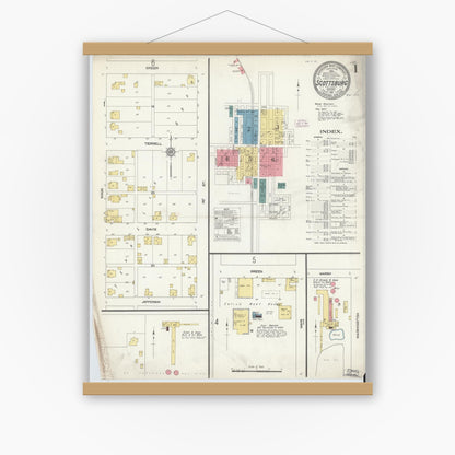 Old map wall art mockup — magnetic wood frame on white wall — Sanborn Fire Insurance Map from Scottsburg, Scott County, Indiana (1911) - Complete Map Set