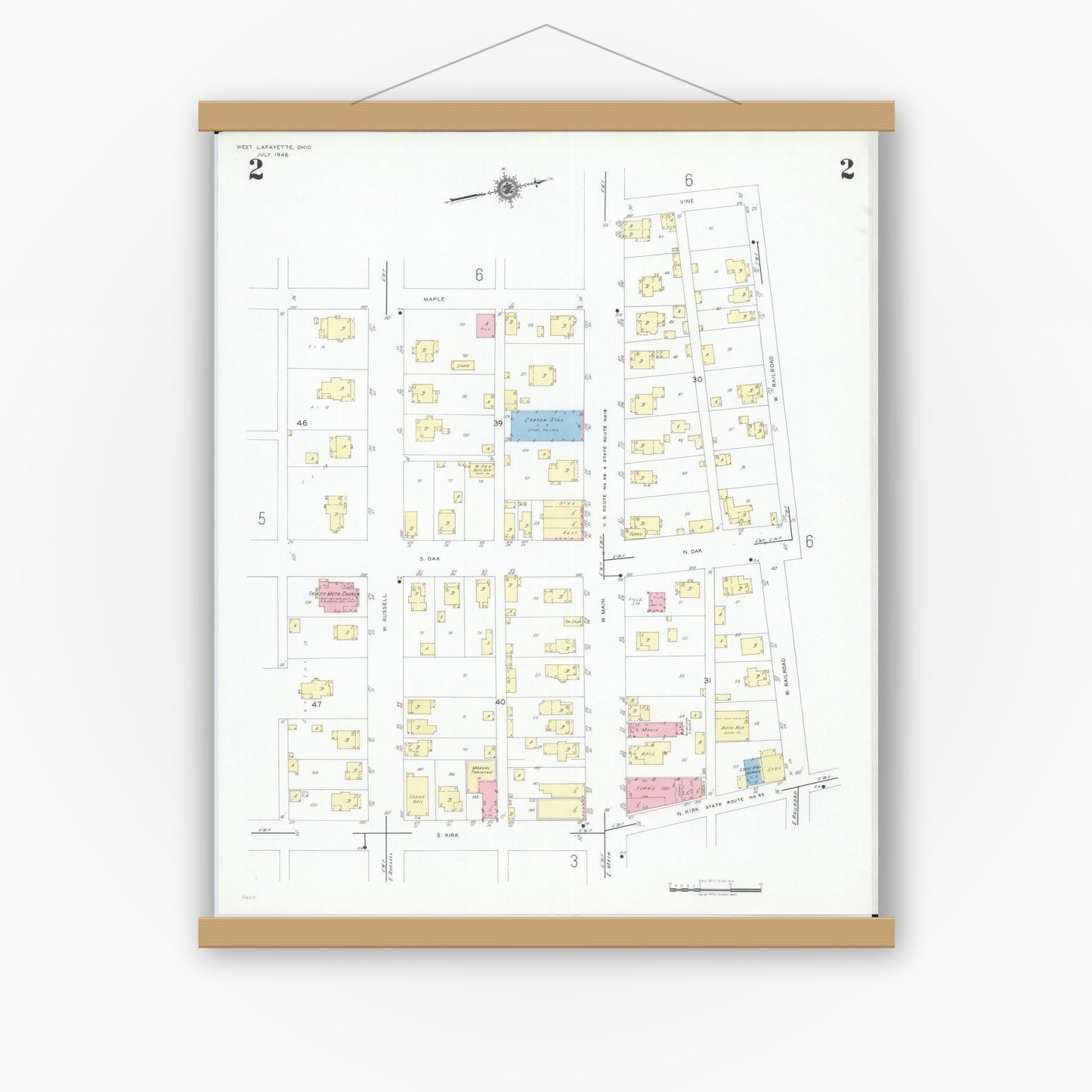 Old map wall art mockup — magnetic wood frame on white wall — Sanborn Fire Insurance Map from West Lafayette, Coshocton County, Ohio (1946), Sheet #0002