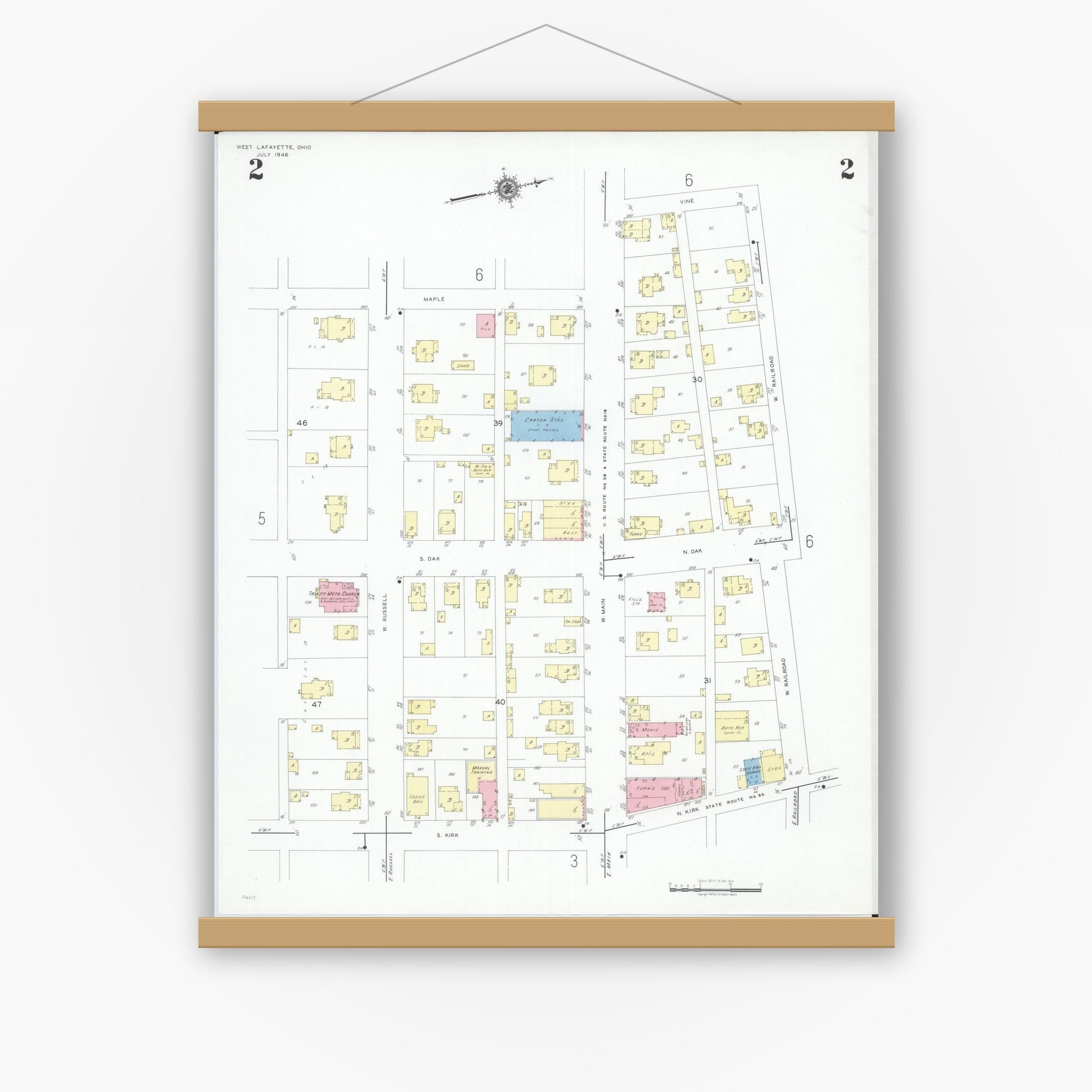 Old map wall art mockup — magnetic wood frame on white wall — Sanborn Fire Insurance Map from West Lafayette, Coshocton County, Ohio (1946), Sheet #0002