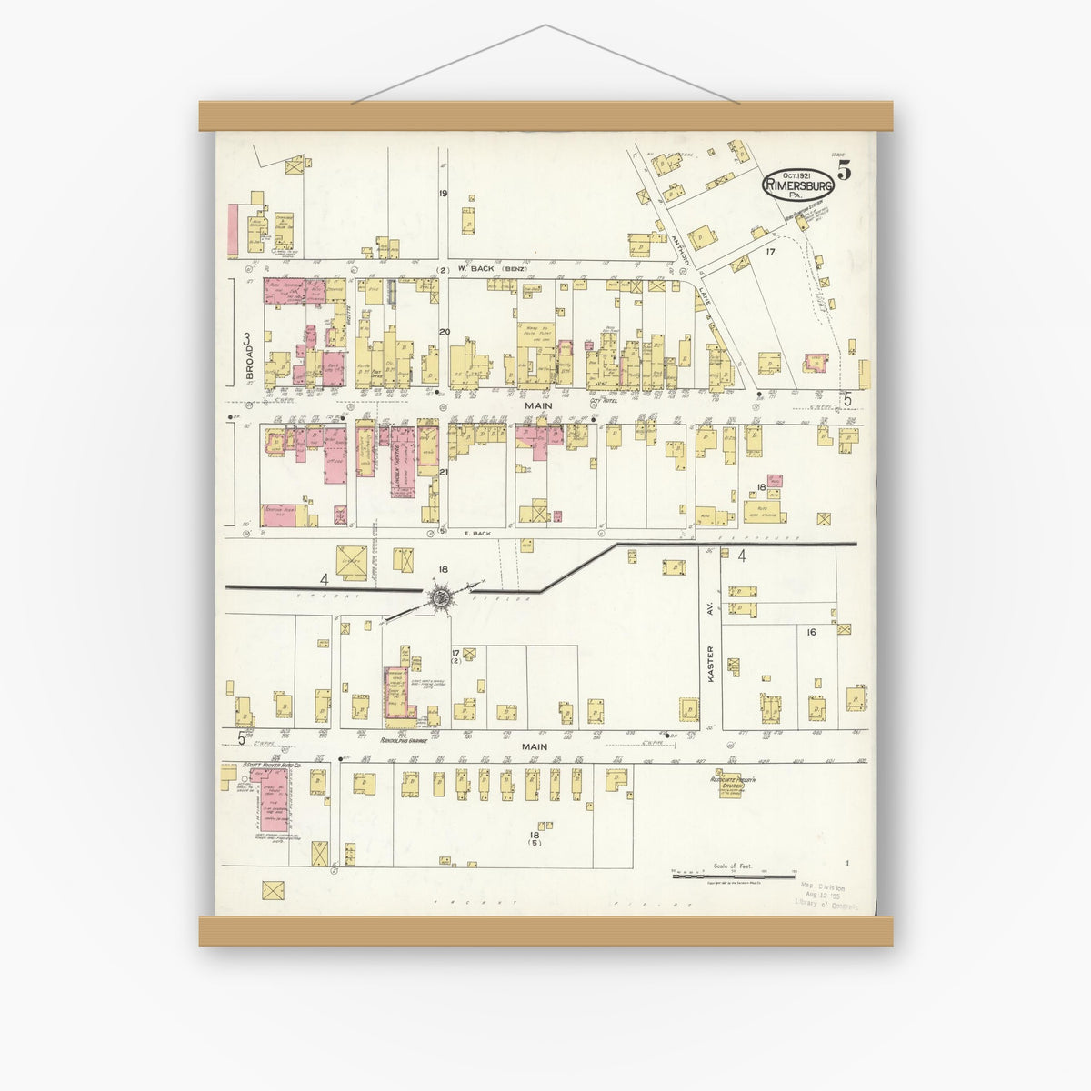 Old map wall art mockup — magnetic wood frame on white wall — Sanborn Fire Insurance Map from Rimersburg, Clarion County, Pennsylvania (1921), Sheet #0005