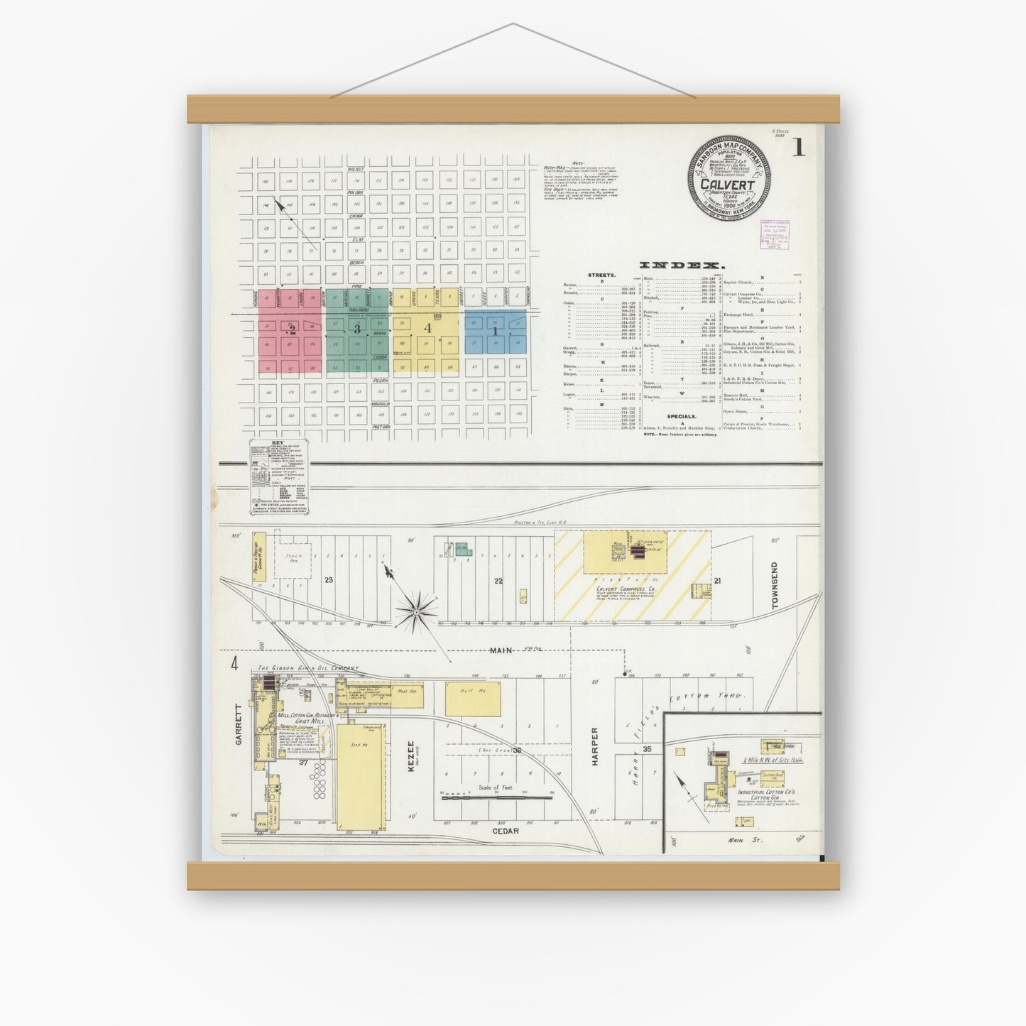 Old map wall art mockup — magnetic wood frame on white wall — Sanborn Fire Insurance Map from Calvert, Robertson County, Texas (1906), Sheet #0001