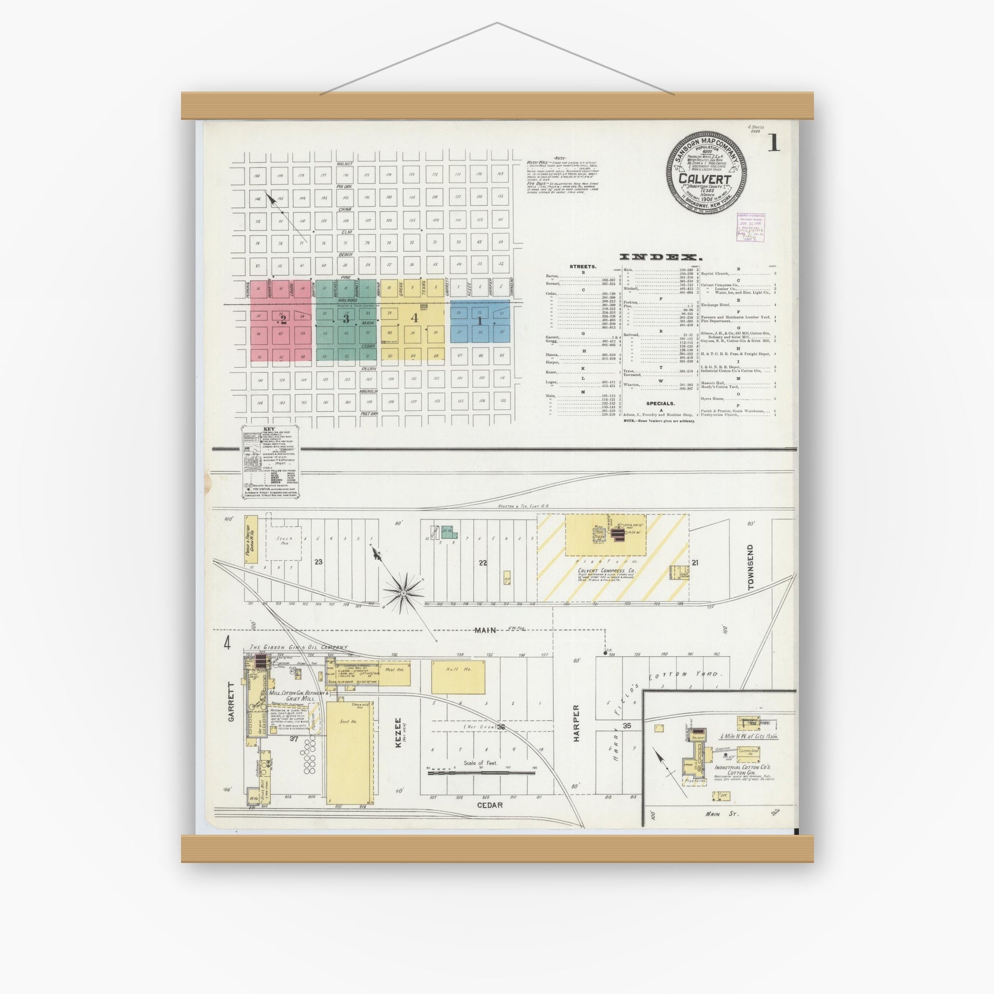 Old map wall art mockup — magnetic wood frame on white wall — Sanborn Fire Insurance Map from Calvert, Robertson County, Texas (1906), Sheet #0001