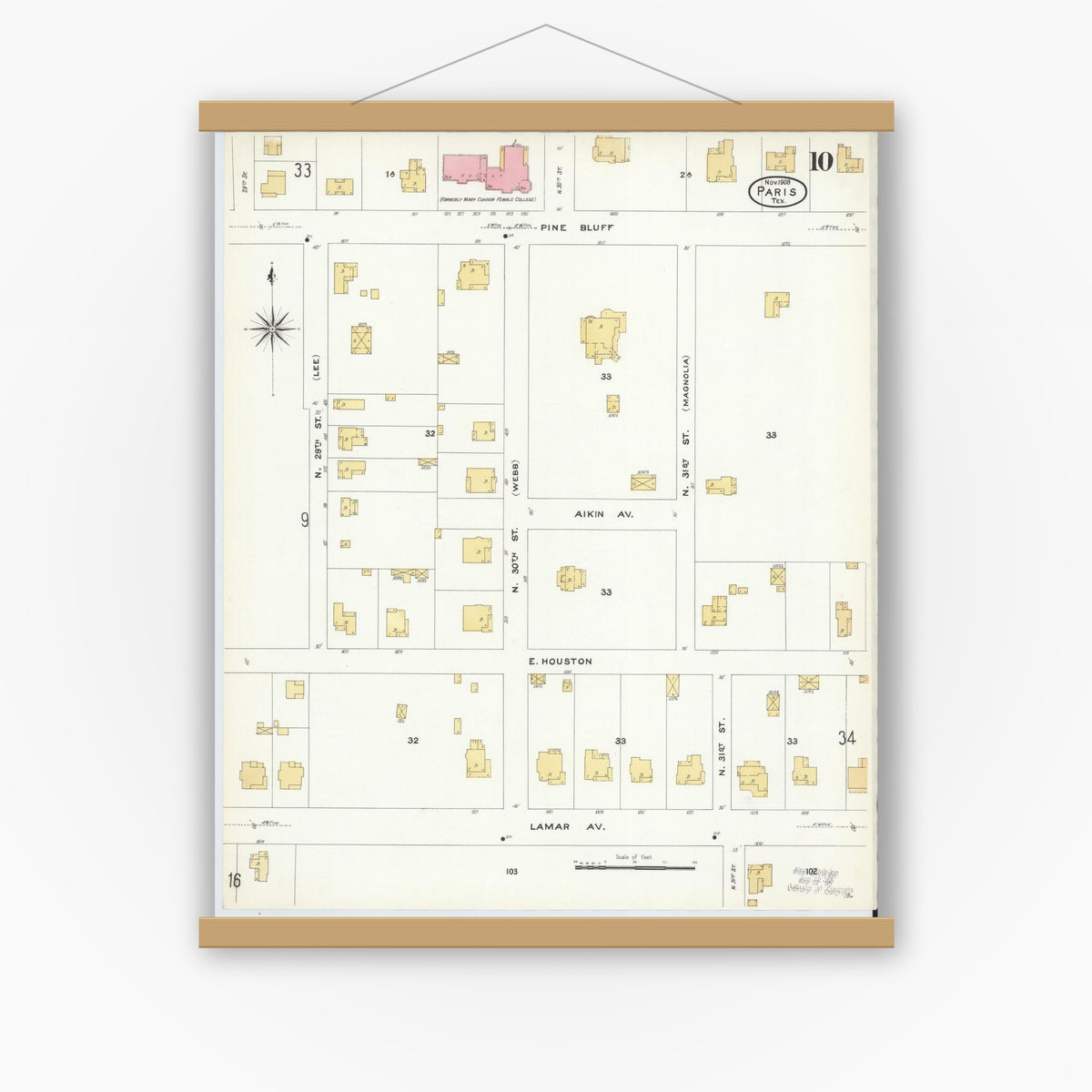 Old map wall art mockup — magnetic wood frame on white wall — Sanborn Fire Insurance Map from Paris, Lamar County, Texas (1908), Sheet #0010