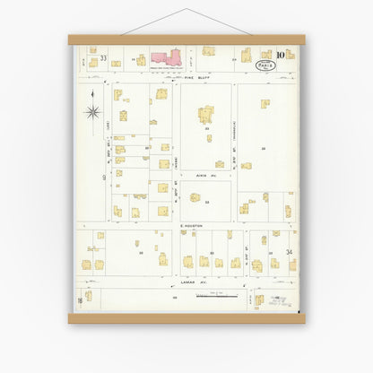 Old map wall art mockup — magnetic wood frame on white wall — Sanborn Fire Insurance Map from Paris, Lamar County, Texas (1908), Sheet #0010