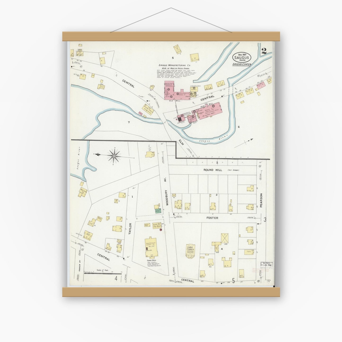 Old map wall art mockup — magnetic wood frame on white wall — Sanborn Fire Insurance Map from Saugus, Essex County, Massachusetts (1907), Sheet #0002