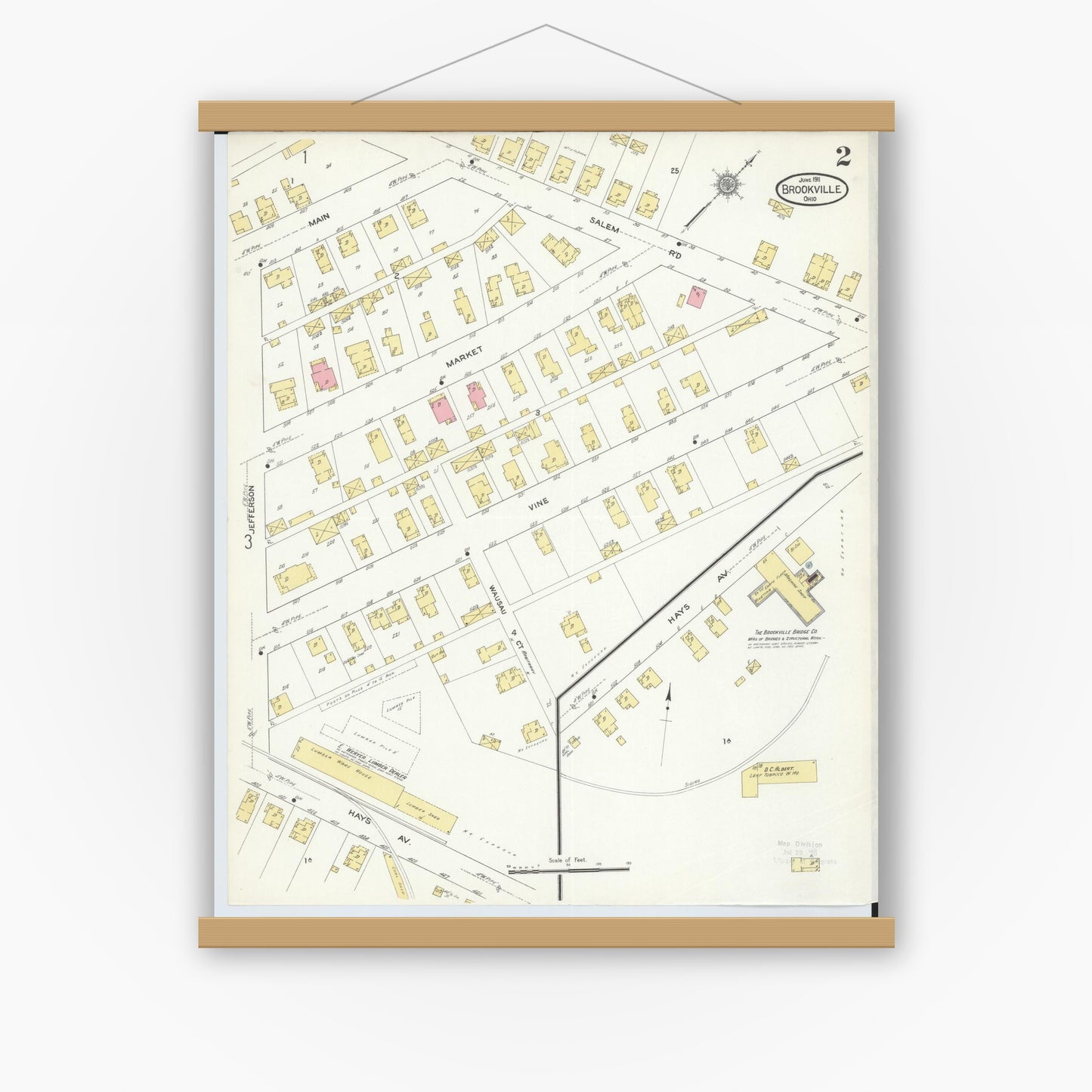 Old map wall art mockup — magnetic wood frame on white wall — Sanborn Fire Insurance Map from Brookville, Montgomery County, Ohio (1911), Sheet #0002