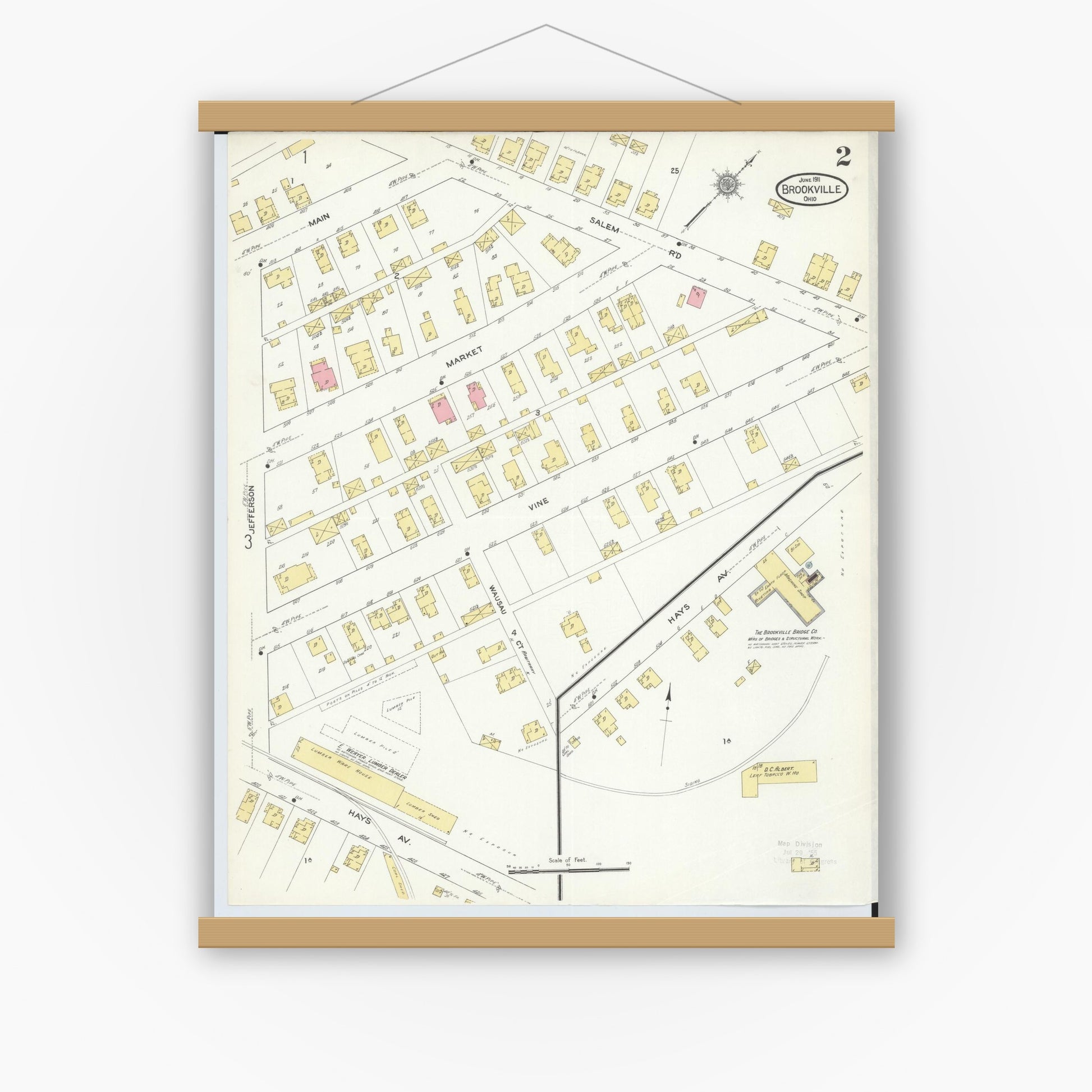 Old map wall art mockup — magnetic wood frame on white wall — Sanborn Fire Insurance Map from Brookville, Montgomery County, Ohio (1911), Sheet #0002