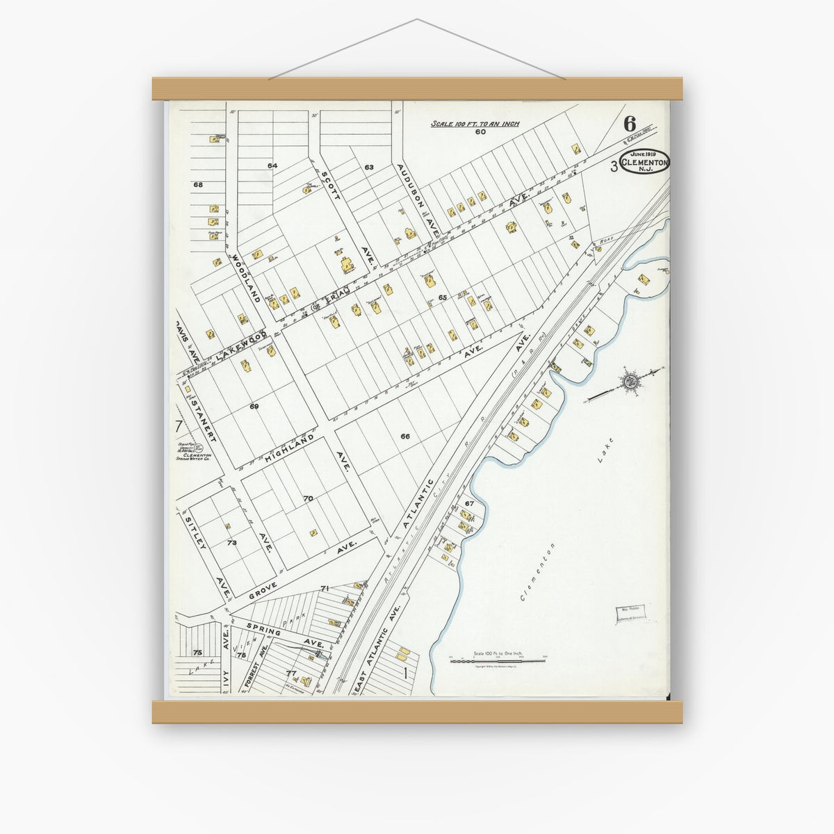 Old map wall art mockup — magnetic wood frame on white wall — Sanborn Fire Insurance Map from Clementon, Camden County, New Jersey (1919), Sheet #0006