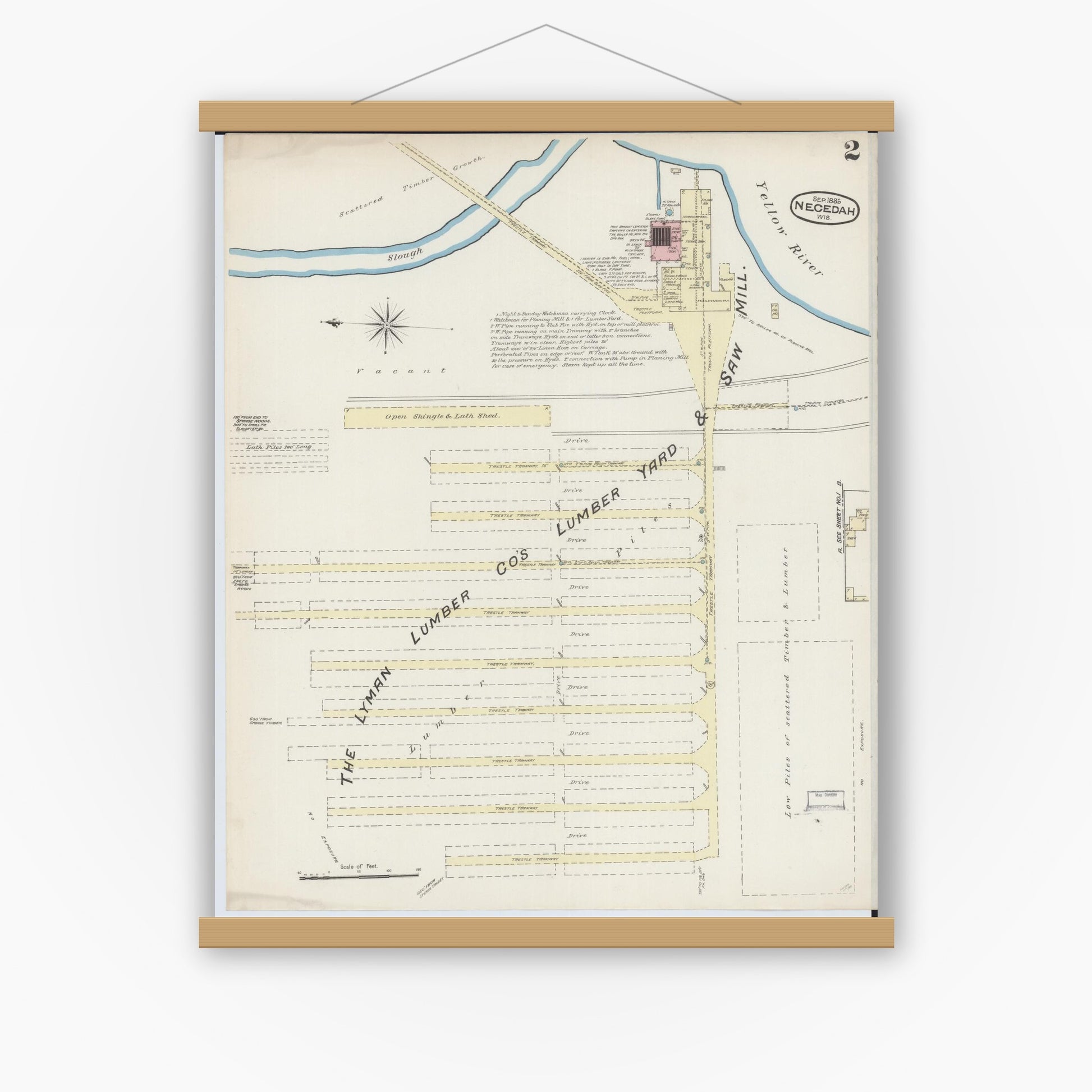 Old map wall art mockup — magnetic wood frame on white wall — Sanborn Fire Insurance Map from Necedah, Juneau County, Wisconsin (1885), Sheet #0002
