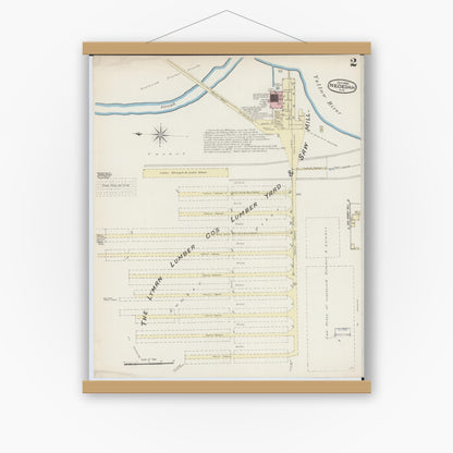 Old map wall art mockup — magnetic wood frame on white wall — Sanborn Fire Insurance Map from Necedah, Juneau County, Wisconsin (1885), Sheet #0002