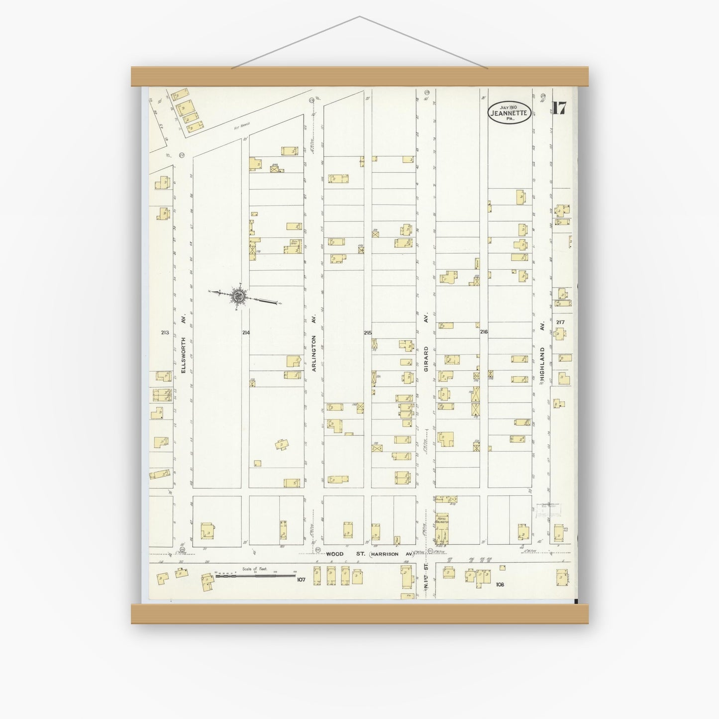 Old map wall art mockup — magnetic wood frame on white wall — Sanborn Fire Insurance Map from Jeannette, Westmoreland County, Pennsylvania (1910), Sheet #0017