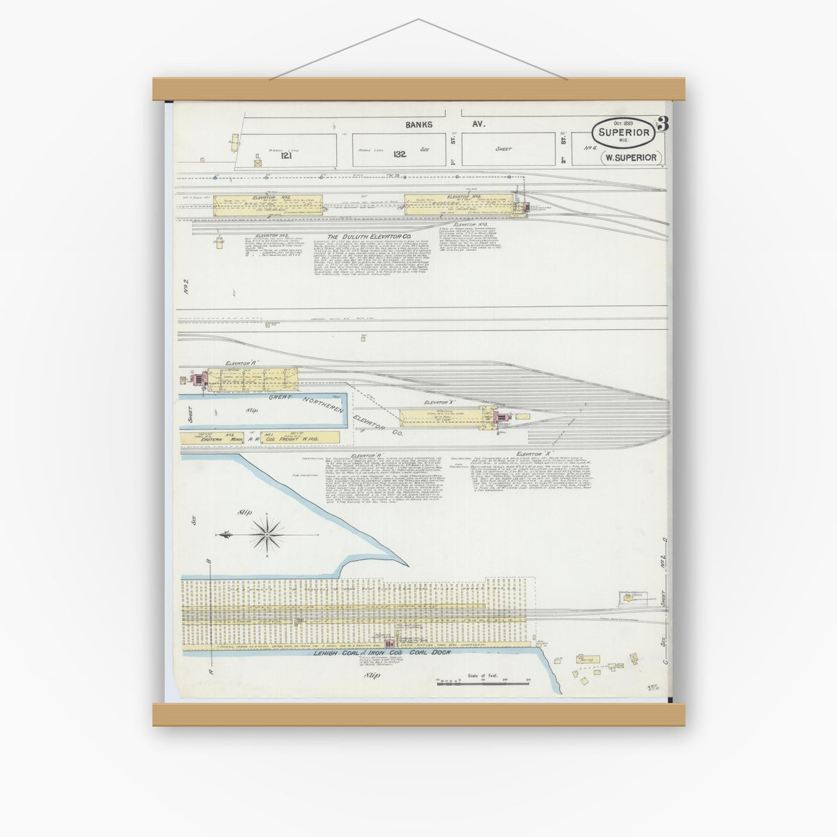 Old map wall art mockup — magnetic wood frame on white wall — Sanborn Fire Insurance Map from Superior, Douglas County, Wisconsin (1887), Sheet #0003