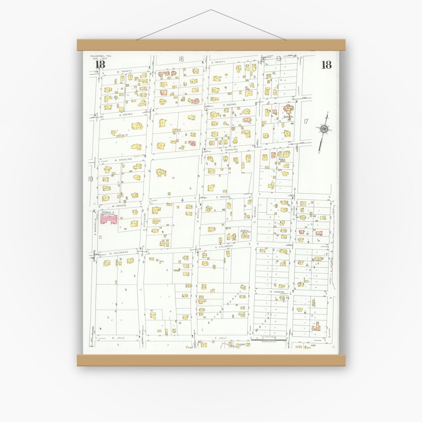 Old map wall art mockup — magnetic wood frame on white wall — Sanborn Fire Insurance Map from Palestine, Anderson County, Texas (1935), Sheet #0018