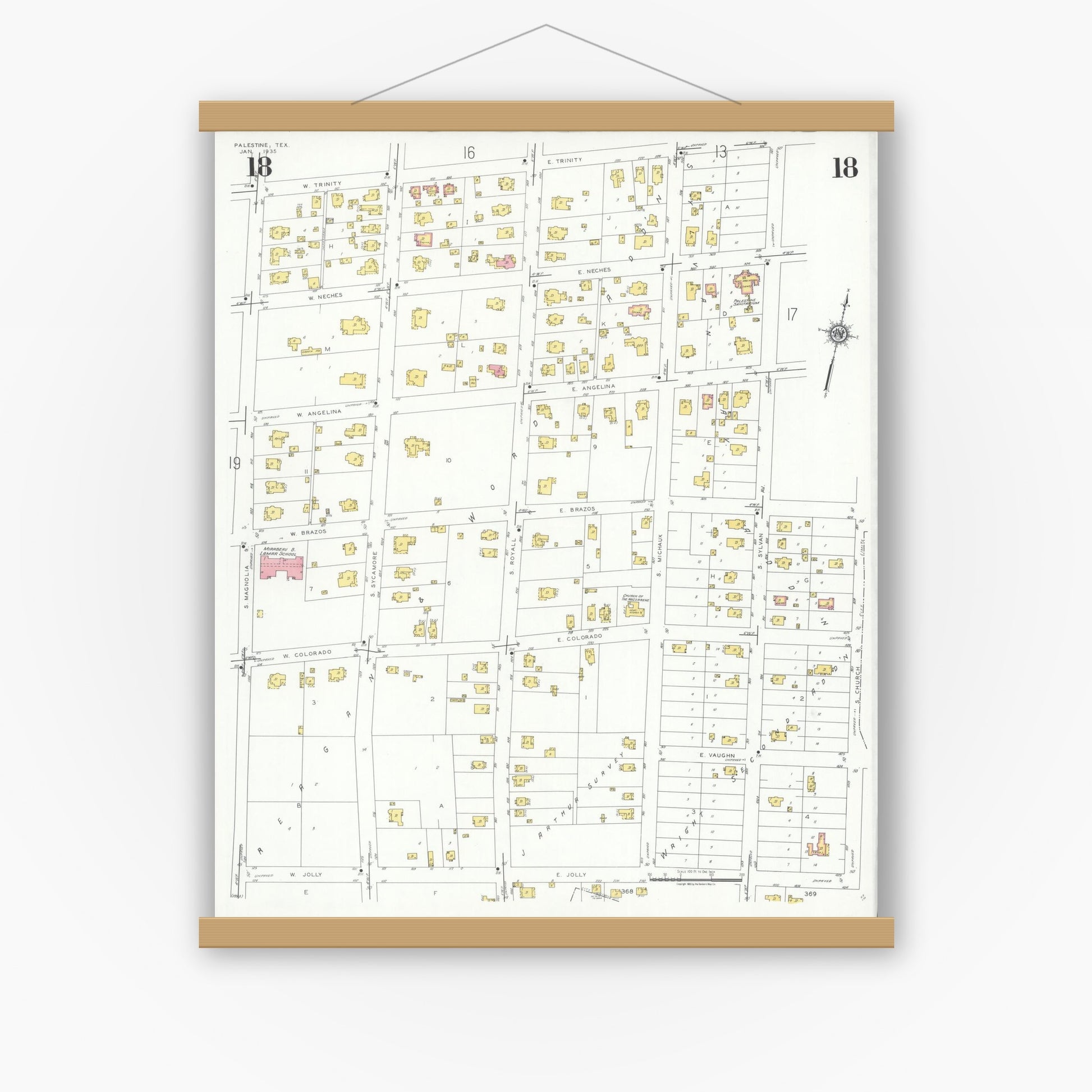 Old map wall art mockup — magnetic wood frame on white wall — Sanborn Fire Insurance Map from Palestine, Anderson County, Texas (1935), Sheet #0018