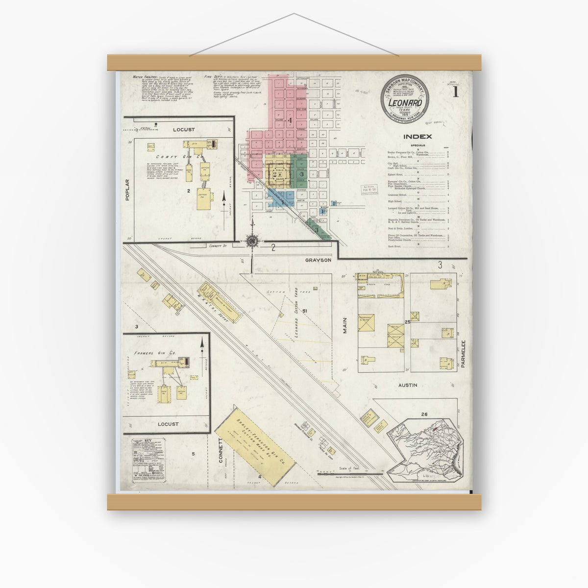 Old map wall art mockup — magnetic wood frame on white wall — Sanborn Fire Insurance Map from Leonard, Fannin County, Texas (1919) - Complete Map Set