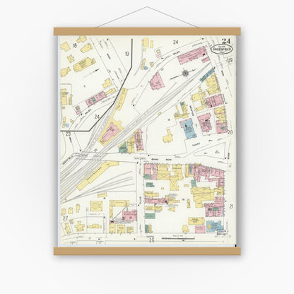 Old map wall art mockup — magnetic wood frame on white wall — Sanborn Fire Insurance Map from Greenfield, Franklin County, Massachusetts (1909), Sheet #0024