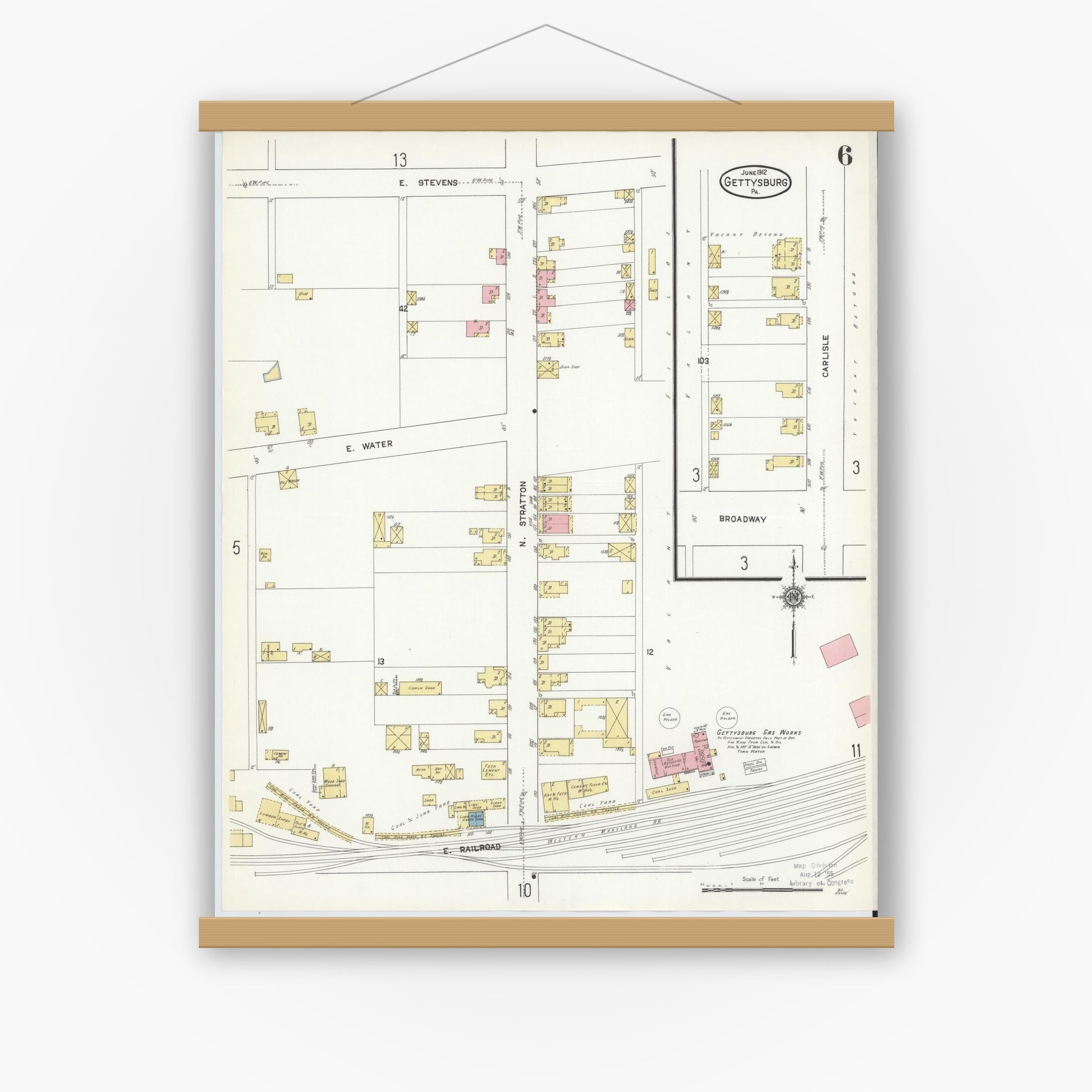 Old map wall art mockup — magnetic wood frame on white wall — Sanborn Fire Insurance Map from Gettysburg, Adams County, Pennsylvania (1912), Sheet #0006