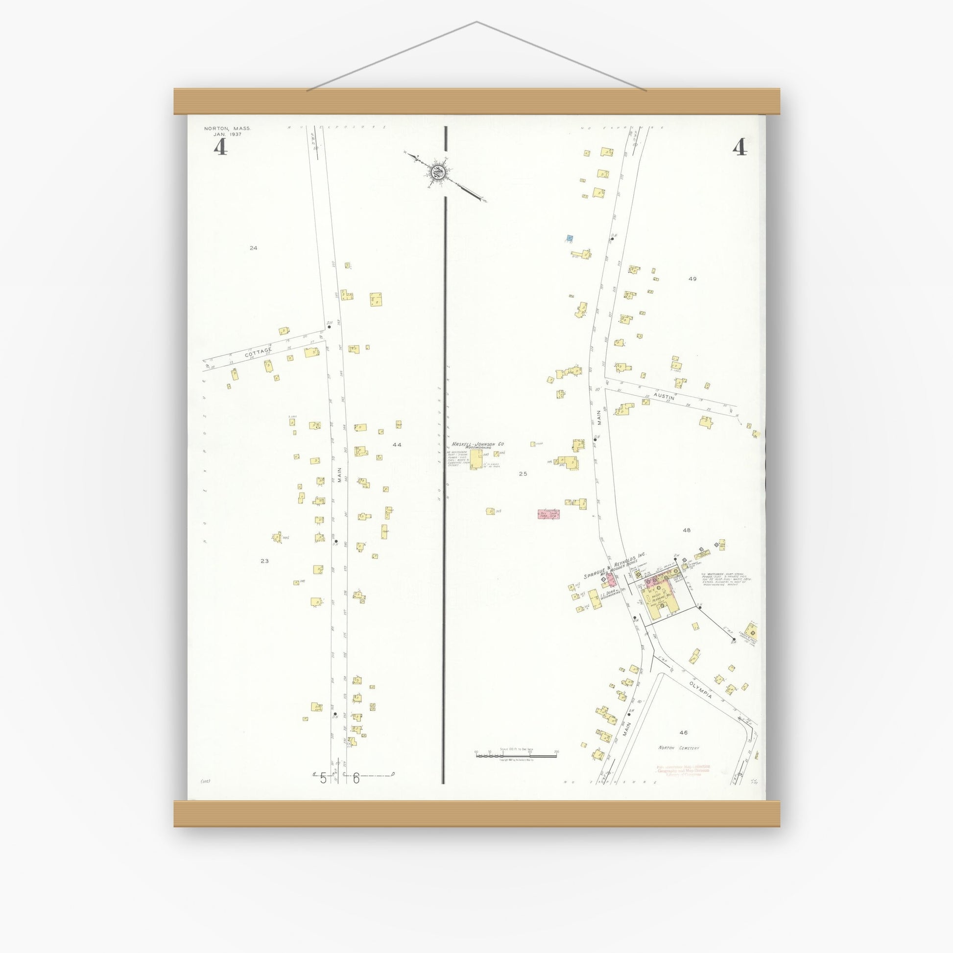 Old map wall art mockup — magnetic wood frame on white wall — Sanborn Fire Insurance Map from Norton, Bristol County, Massachusetts (1937), Sheet #0004
