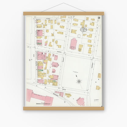 Old map wall art mockup — magnetic wood frame on white wall — Sanborn Fire Insurance Map from Clinton, Worcester County, Massachusetts (1899), Sheet #0009