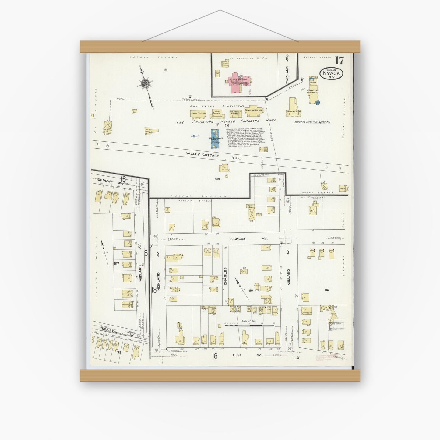 Old map wall art mockup — magnetic wood frame on white wall — Sanborn Fire Insurance Map from Nyack, Rockland County, New York. (1910), Sheet #0017