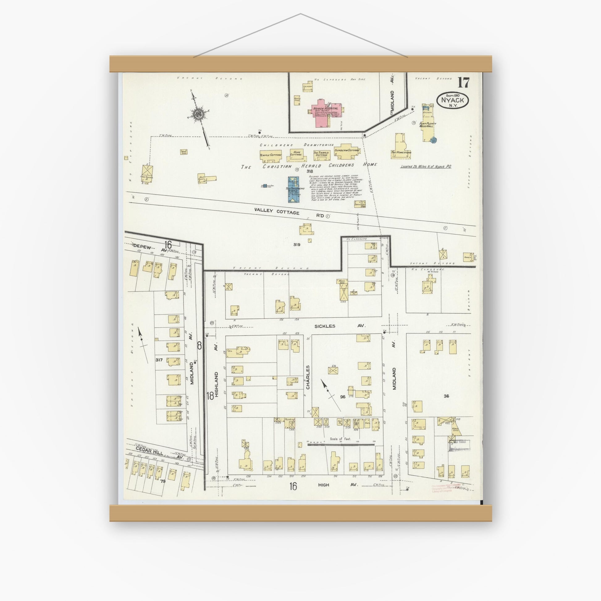Old map wall art mockup — magnetic wood frame on white wall — Sanborn Fire Insurance Map from Nyack, Rockland County, New York. (1910), Sheet #0017