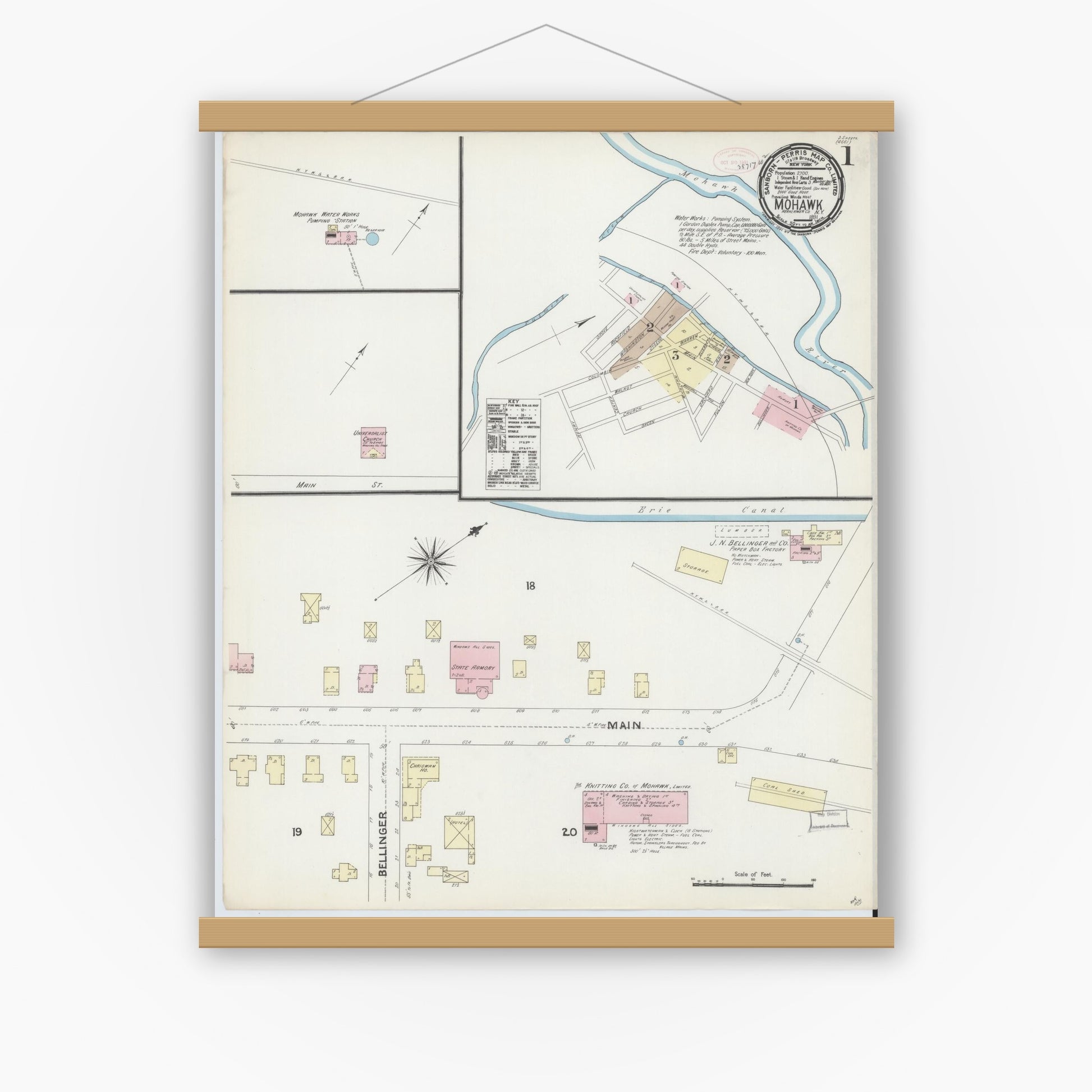 Old map wall art mockup — magnetic wood frame on white wall — Sanborn Fire Insurance Map from Mohawk, Herkimer County, New York (1891), Sheet #0001
