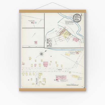 Old map wall art mockup — magnetic wood frame on white wall — Sanborn Fire Insurance Map from Mohawk, Herkimer County, New York (1891), Sheet #0001