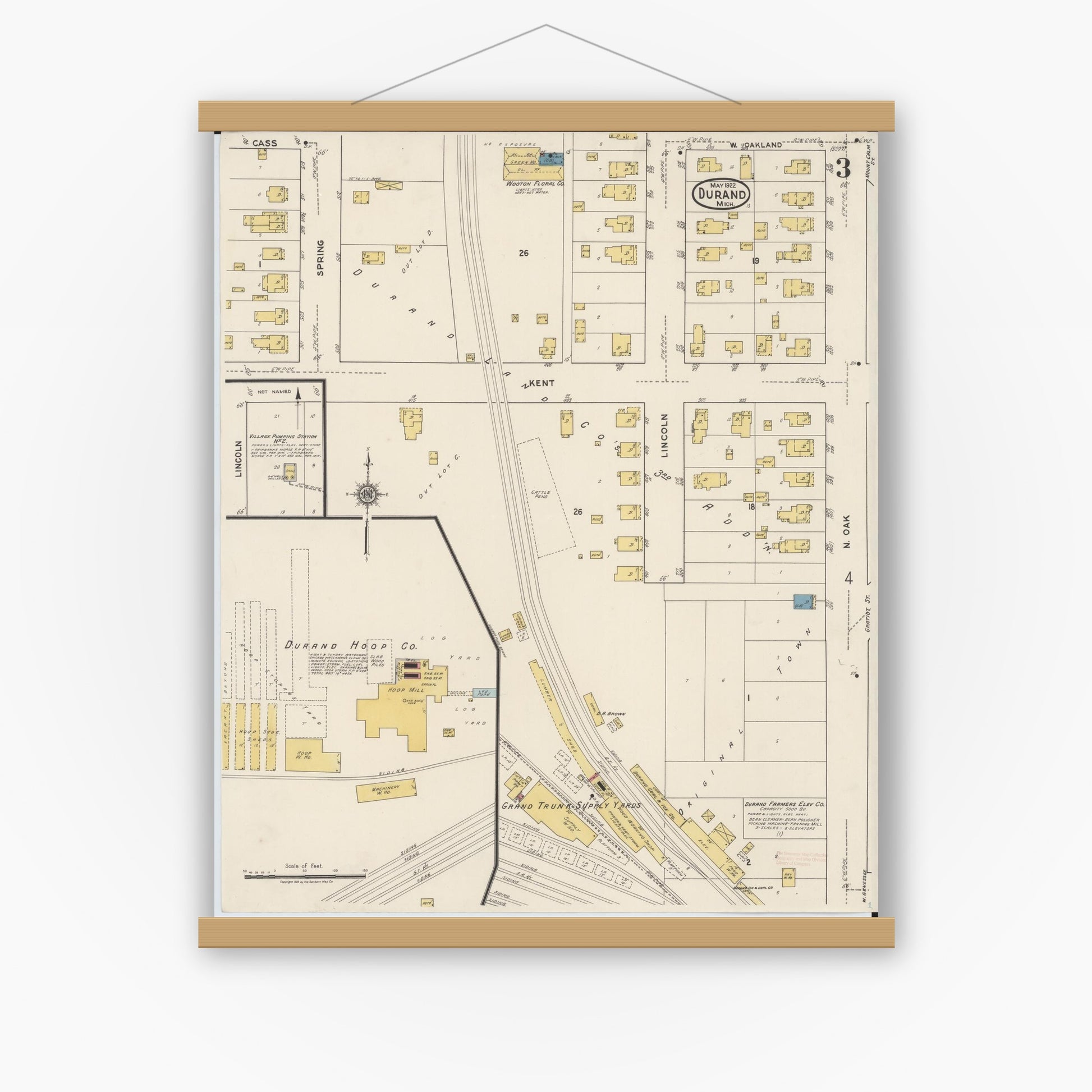 Old map wall art mockup — magnetic wood frame on white wall — Sanborn Fire Insurance Map from Durand, Shiawassee County, Michigan (1922), Sheet #0003