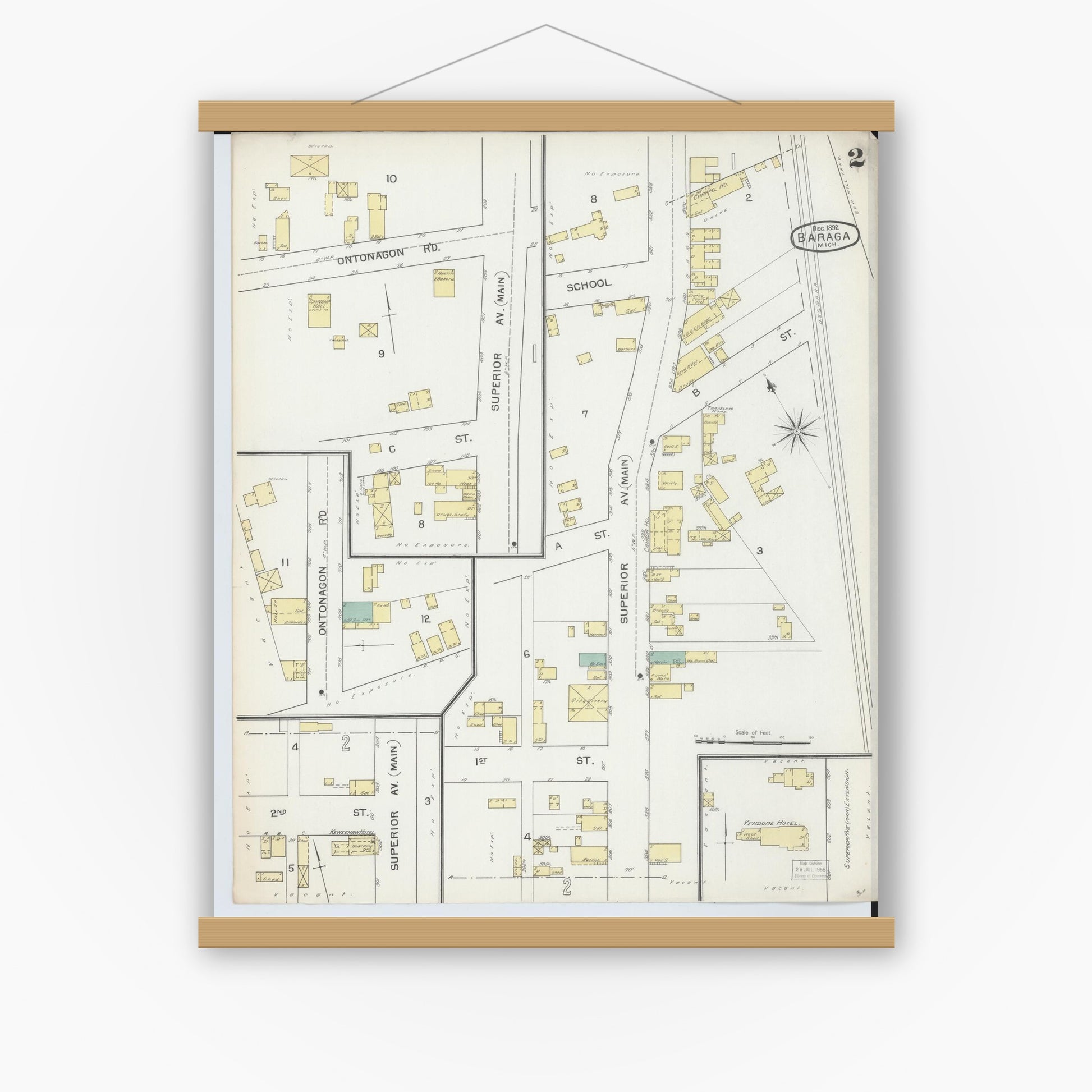Old map wall art mockup — magnetic wood frame on white wall — Sanborn Fire Insurance Map from Baraga, Baraga County, Michigan (1892), Sheet #0002