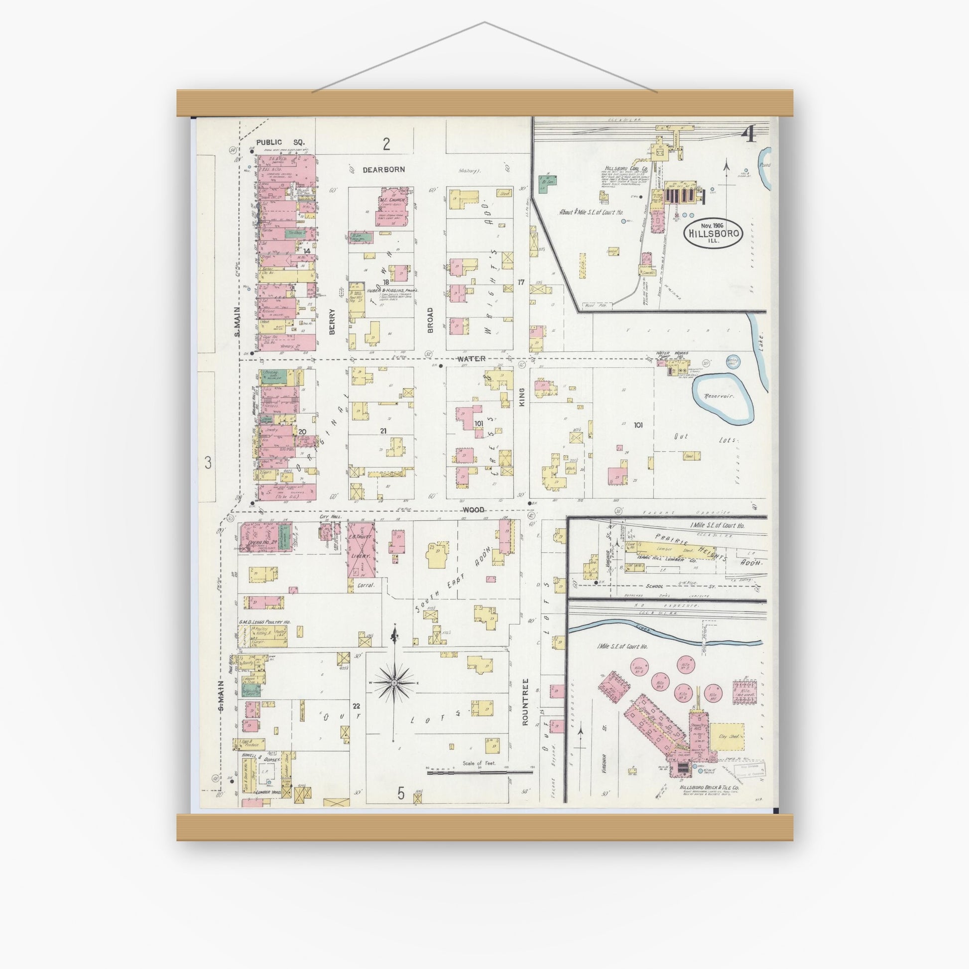 Old map wall art mockup — magnetic wood frame on white wall — Sanborn Fire Insurance Map from Hillsboro, Montgomery County, Illinois (1906), Sheet #0004