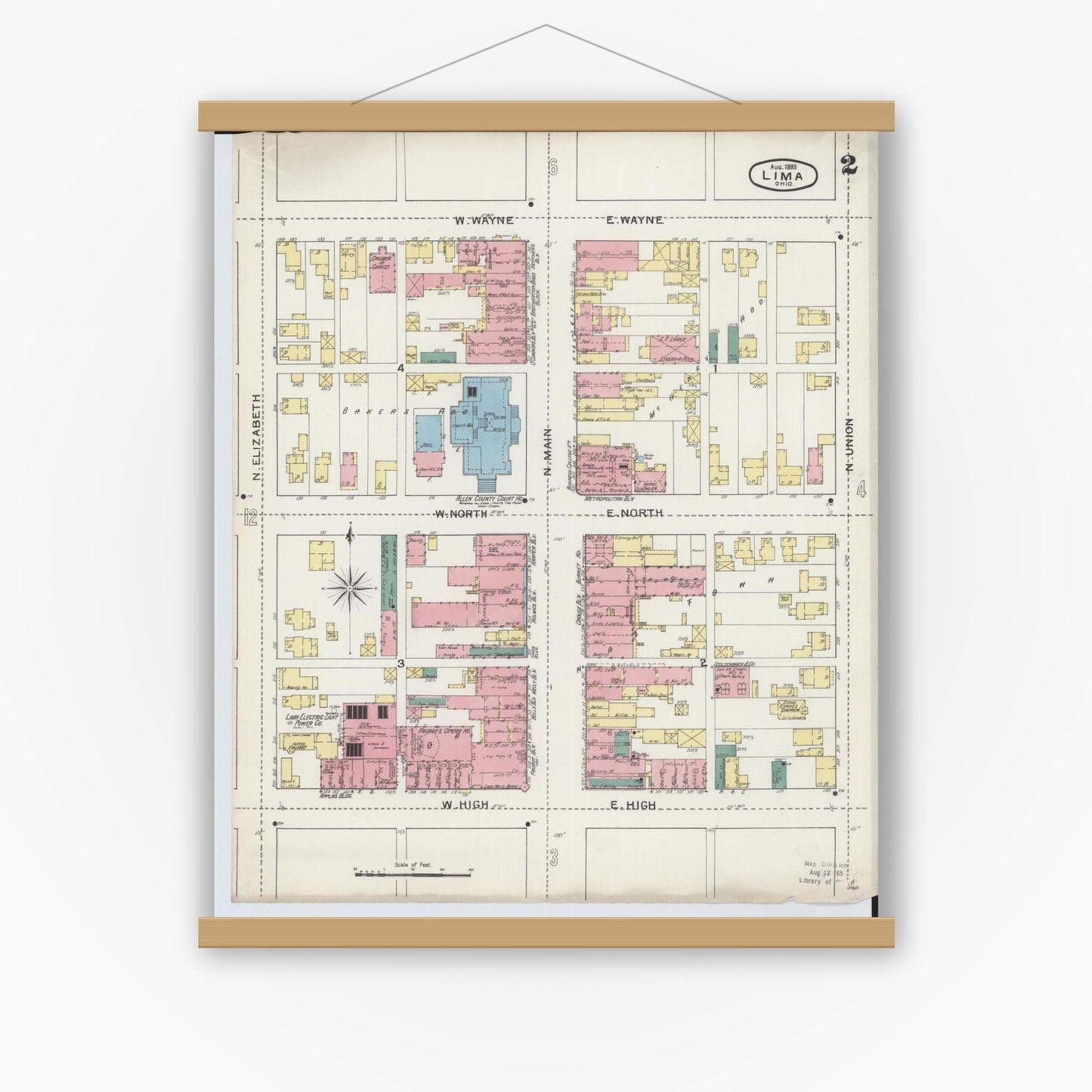 Old map wall art mockup — magnetic wood frame on white wall — Sanborn Fire Insurance Map from Lima, Allen County, Ohio (1893), Sheet #0002